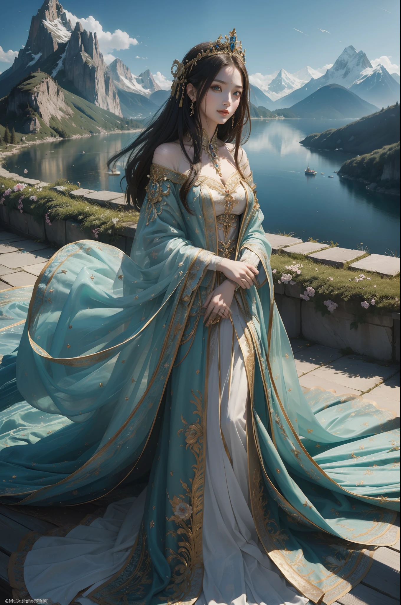 ((top-quality、​masterpiece、photographrealistic:1.4、in 8K))、Beautuful Women、18year old、beautiful countenance、extremely detailed eye and face、beatiful detailed eyes、（Luxury dresses in the style of medieval Europe、Princess）、Luxury accessories、（Mysterious lake and mountains in the background）、Cinematic lighting、Textured skin、Super Detail、high detailing、High quality、hight resolution、looking at viewer、Elegant smile、full body、europian