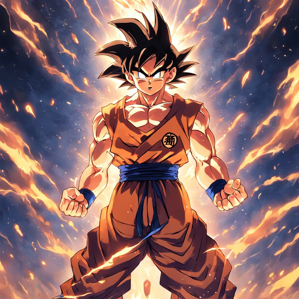 Image of a(Dragon Ball)(dragonball z)(son goku, Kakarot)saiyan,Genki bomb,Trick Dexterous hands, Strong body, Clouds and rain, Courage and strength, Wisdom and compassion, heroic fighter, Smart and kind, Weak protection, Brave the odds, Fighting spirit, Represents courage、Smart and kind