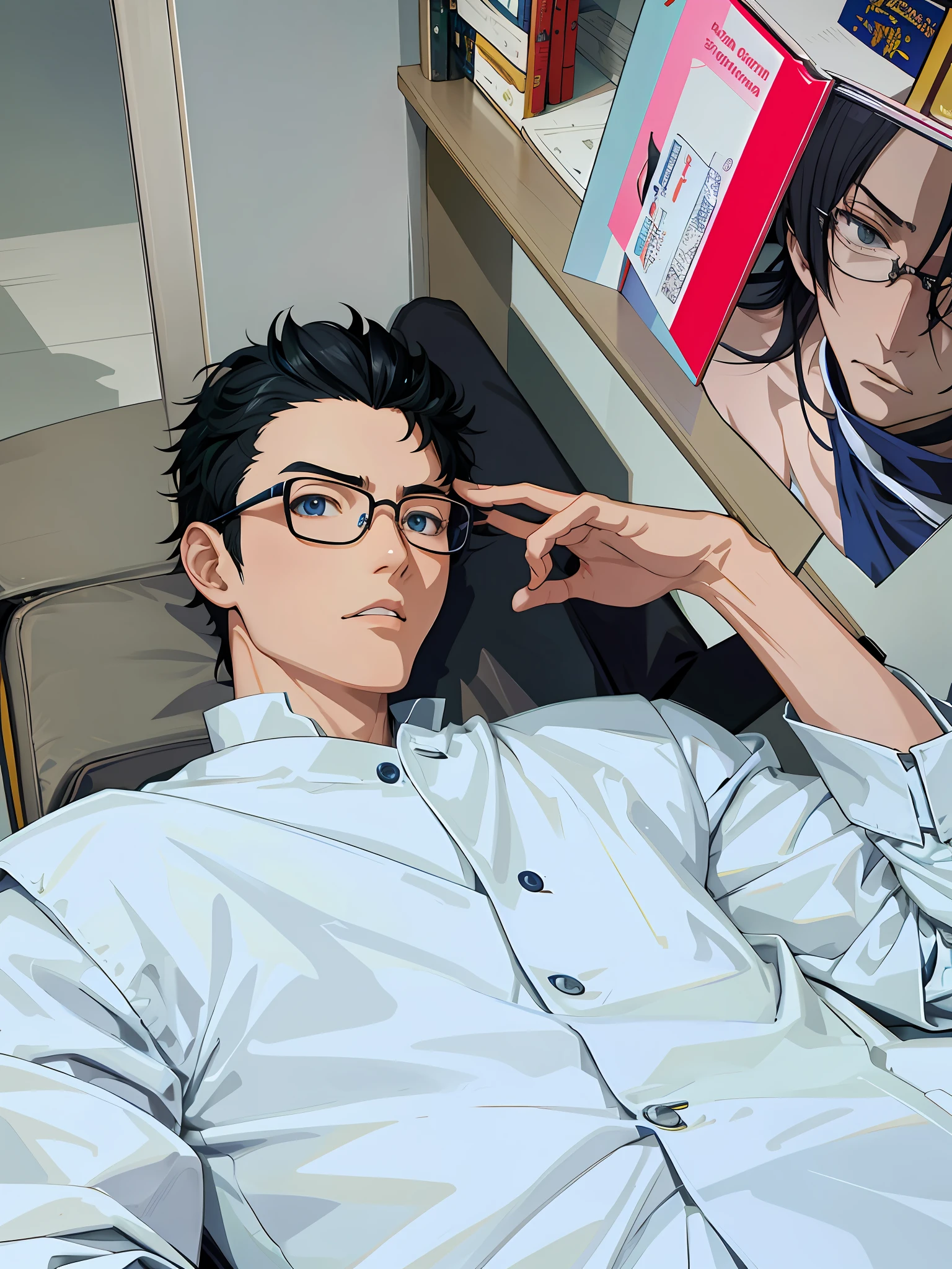 Anime people sit in chairs and wear glasses，The background is the bookshelf, kentaro miura art, kentaro miura art style, kentaro miura manga art style, Anime portrait of a handsome man, kentaro miura manga style, Anime handsome man, miura kentaro style, Handsome anime pose, miura kentaro style, shigenori soejima illustration