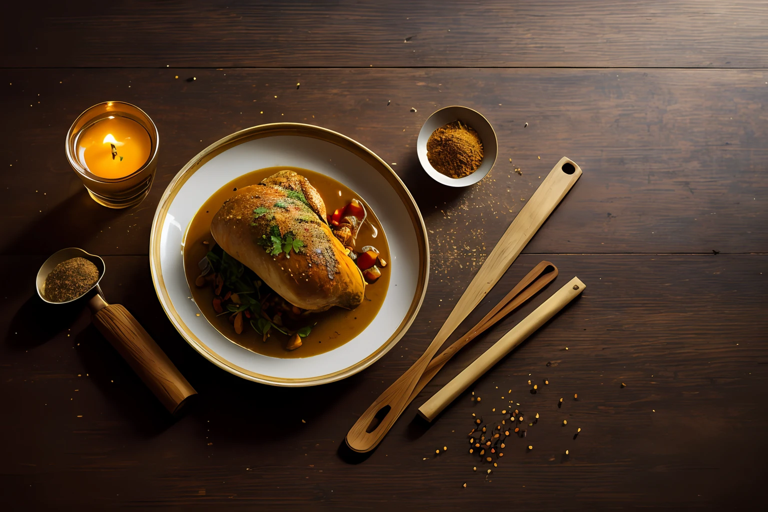 ((masterpiece:1.3,concept art,best quality)),nature morte,closeup shot of bread and chicken curry gurnished wel, in noble fancifull arrangement,decorated with aesthetic candle and soft toning food photography light, dark, nonreflective props, canon EOS 6D , 5 0 mm, extra sharp, golden toned , Dark blcked tone food photoraphy,authentic style, curving lightsource ,, right side multi coloured light source , urban decoration, chopping block,abundance,view from above,spices,juices,droplets,abstract steaming background,intricate detail,insane detail,(creepy,fantasy art),cinematic lighting,editorial photography,food photography , extream detailed, RAW, HDR, realistic food photography , high dynamic range, dark toning , golden tone , props like antique long tea cattle , beside the window, shadow of window bar, real light in softer dark tone ,