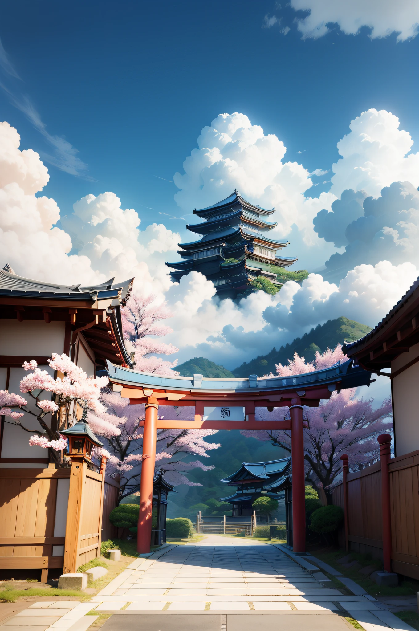 skyland have a Japanese tori gate, blue sky, white clouds, wind, sakura, ghostghostly, Mysterious