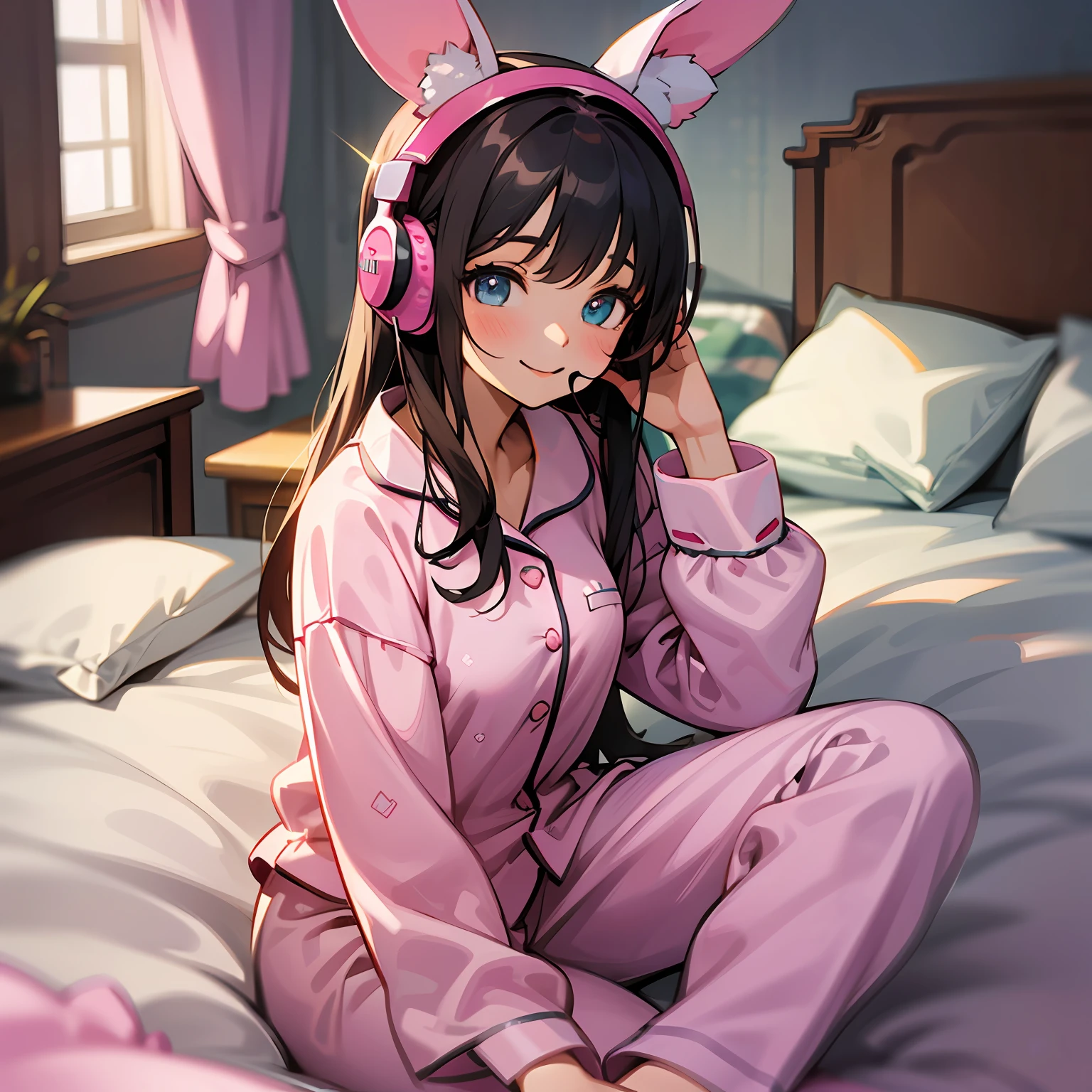 A super cute image captures a girl sitting on her bed, wearing plush pajamas. Her eyes sparkle with joy as she wears a large pink headset shaped like rabbit ears. Every detail is portrayed with realism, from the soft textures of the pajamas to the delicate details of the headset. The scene is like a cozy dream