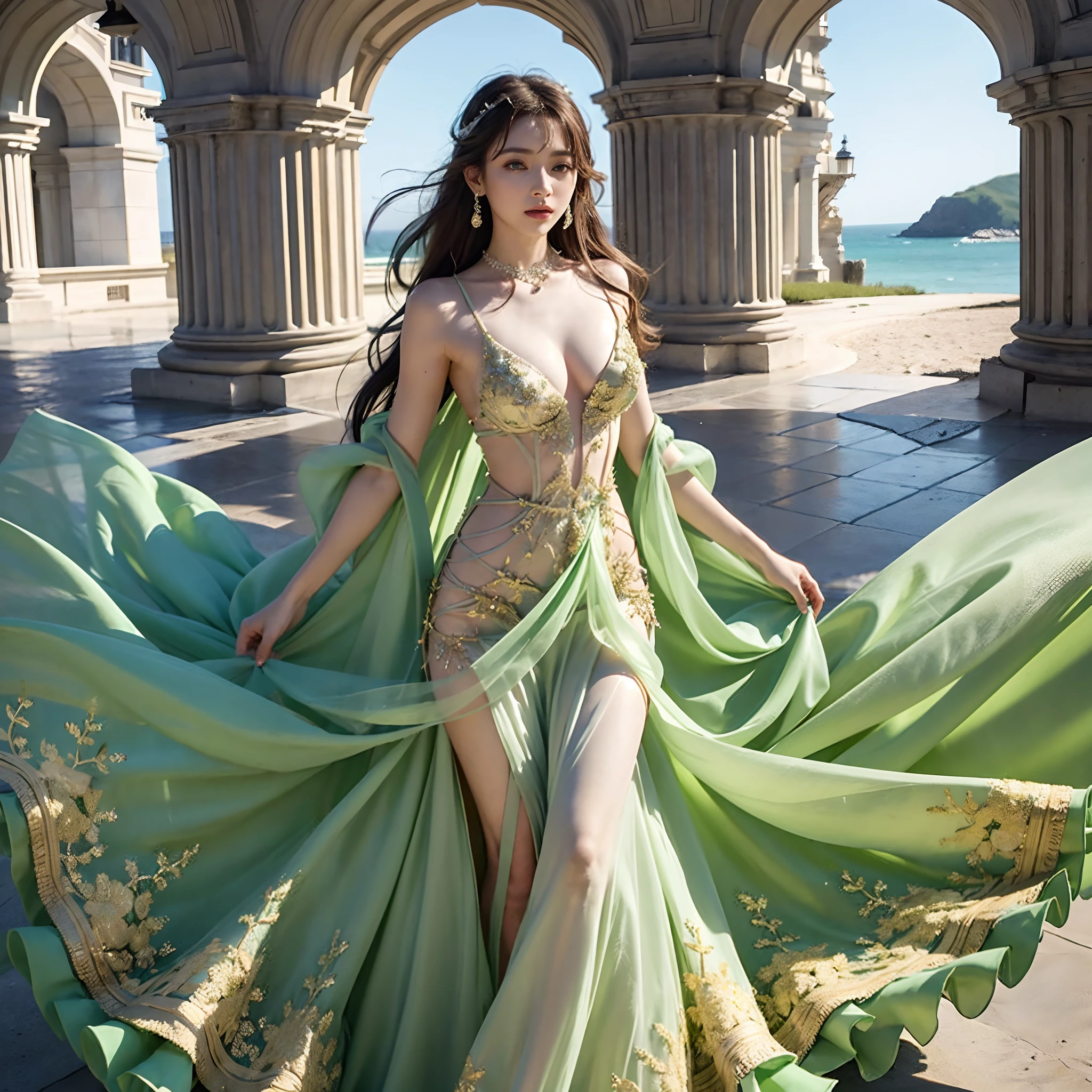 Ala Fed woman in thin light green dress standing on the beach, Flowing gown, fantasy long intricate gown, A flowing dress, ethereal beauty, sexy gown, dressed beautiful gown, jaw-dropping beauty, Flowing light green dress, full pose, Beautiful Gowns, jen zee, jaw dropping beauty, wearing flowing dress, stunning elegant, Full length view, Light green gown, translucent  dress