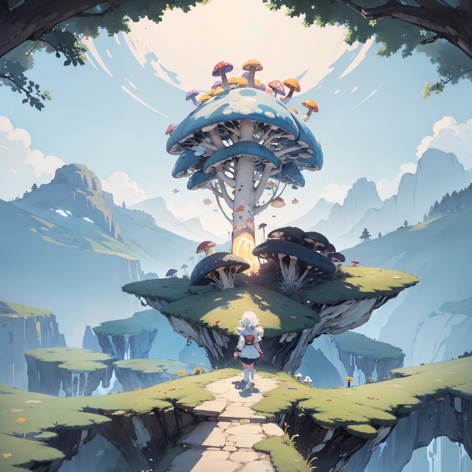 A kaleidoscopic exploration of the psychedelic mushroom kingdom. Pixel art #pixelart,elementary student,bit girl,with short white hair,landscape
