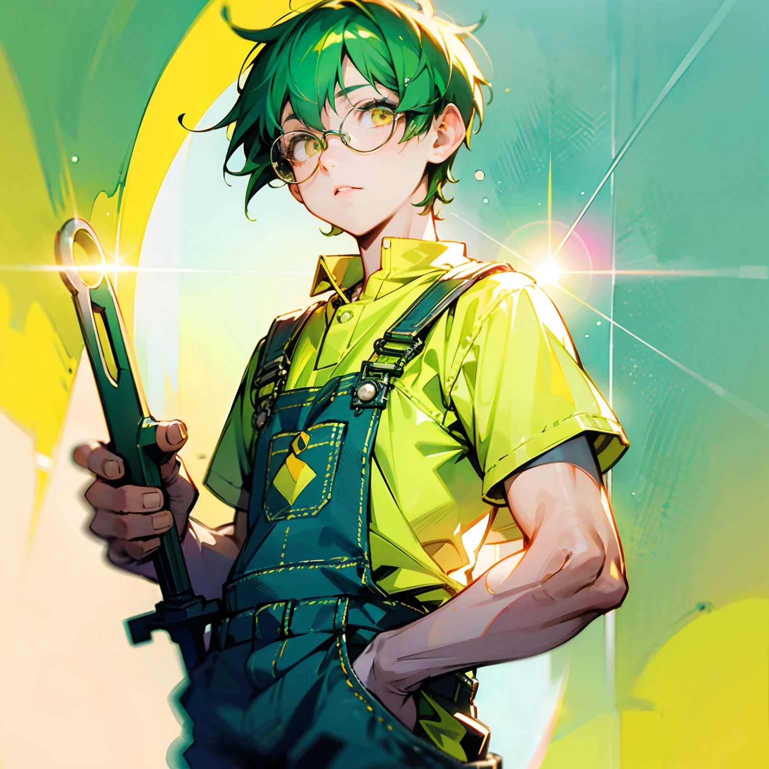Fat green hair man、Short hairstyles、Yellow eyes、wears glasses、Wearing overalls、Holding a spanner in your hand、softfocus、Colorful light gradient、watercolor paiting、lensflare、kirakira、Glow、Dreamy