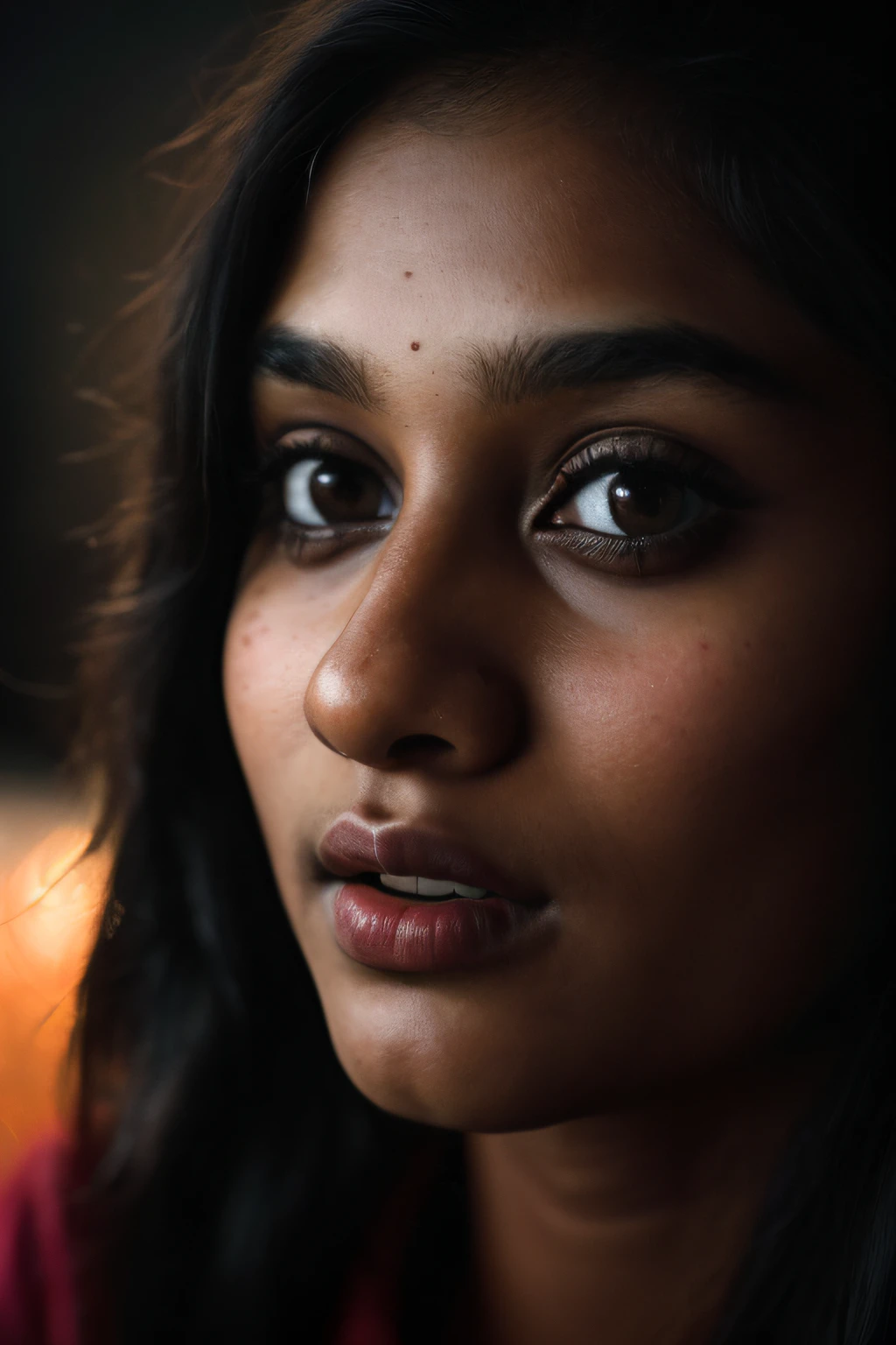 (close-up, editorial photograph of a 21 year old Indian woman), (highly detailed face:1.4) (smile:0.7) (background inside dark, moody, private study:1.3) POV, by lee jeffries, nikon d850, film stock photograph ,4 kodak portra 400 ,camera f1.6 lens ,rich colors ,hyper realistic ,lifelike texture, dramatic lighting , cinestill 800,