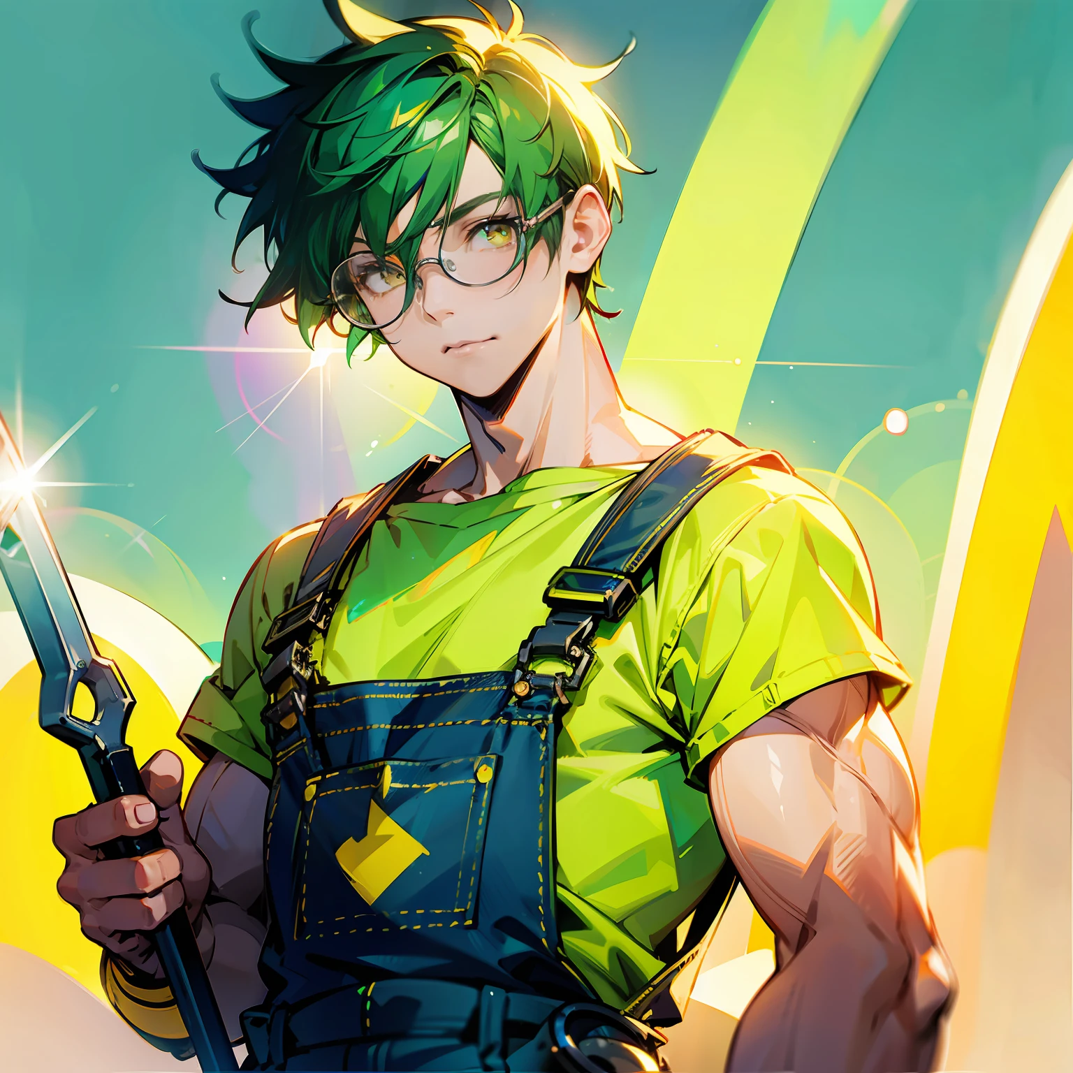 Muscular fat green hair man、Short hairstyles、Yellow eyes、wears glasses、Wearing overalls、Holding a spanner in your hand、softfocus、Colorful light gradient、watercolor paiting、lensflare、kirakira、Glow、Dreamy