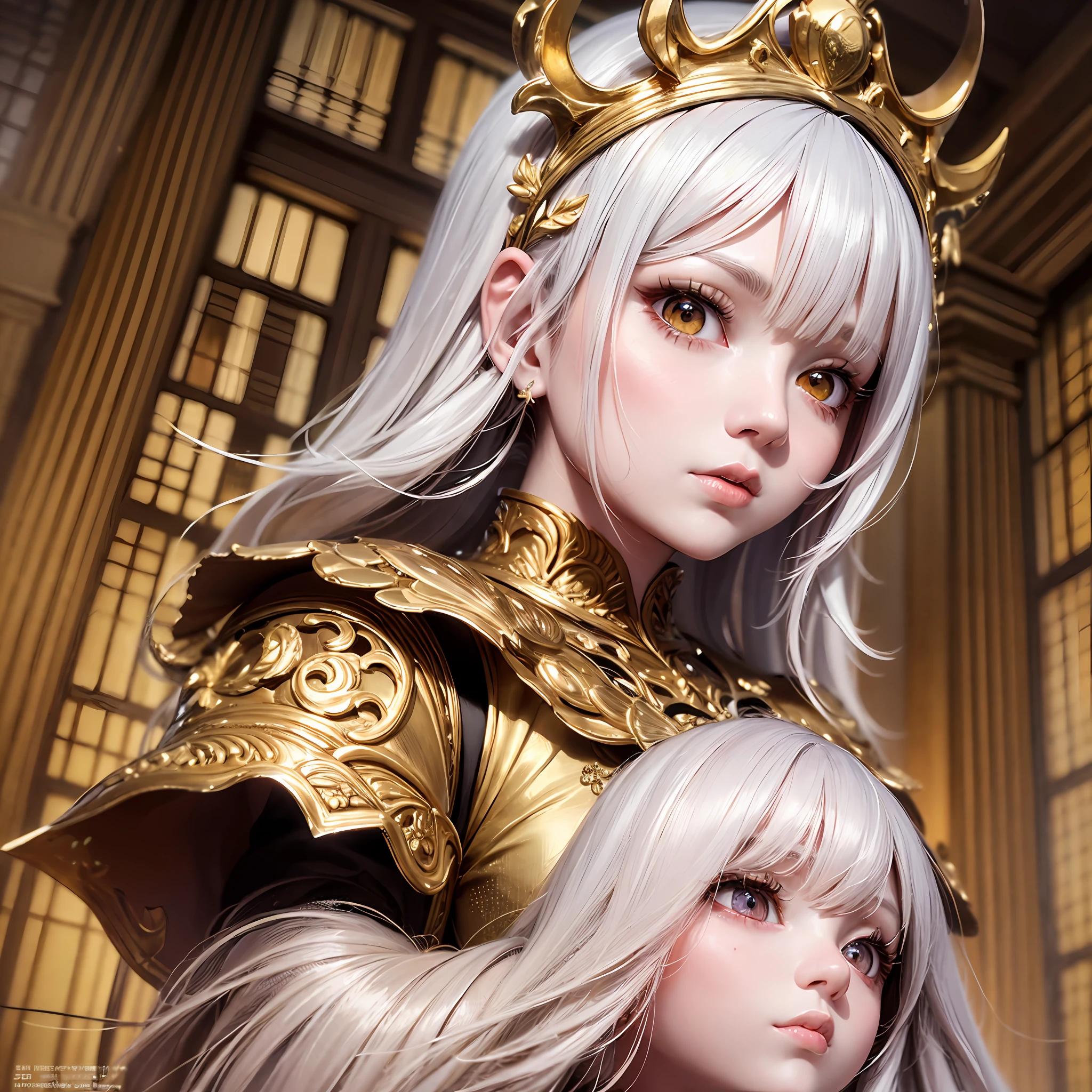 best quality, masterpiece,white hair, gold eyes,white clothes, looking up, upper body,hair strand,Fair skin,side braids a close up of a young girl with brown hair, beautiful character painting, guweiz, artwork in the style of guweiz, brown haired deity, by Yang J, epic exquisite character art, stunning character art, by Fan Qi, by Wuzhun Shifan, guweiz on pixiv artstation, brown hair, big eyes, red eyes, big sad eyes, red eyes, holding a doll, doll head crown, creepy, horror, cute girl, small lips, rosey cheeks, green and gold clothes, her crown is made of doll heads, young girl