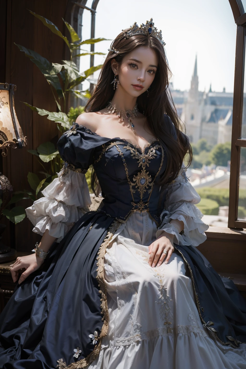 ((top-quality、​masterpiece、photographrealistic:1.4、8K))、Beautuful Women、delicate and beautiful face、（Princess rides in carriage、Generate a look heading to the heart of the kingdom。Her dress is in beautiful colors、The carriage is ornately decorated。A magnificent castle rises behind。）、Luxury Accessories、landscaped gardens、Rosa、Cinematic lighting、Textured skin、Super Detail、high detailing、High quality、hight resolution、Medieval European style