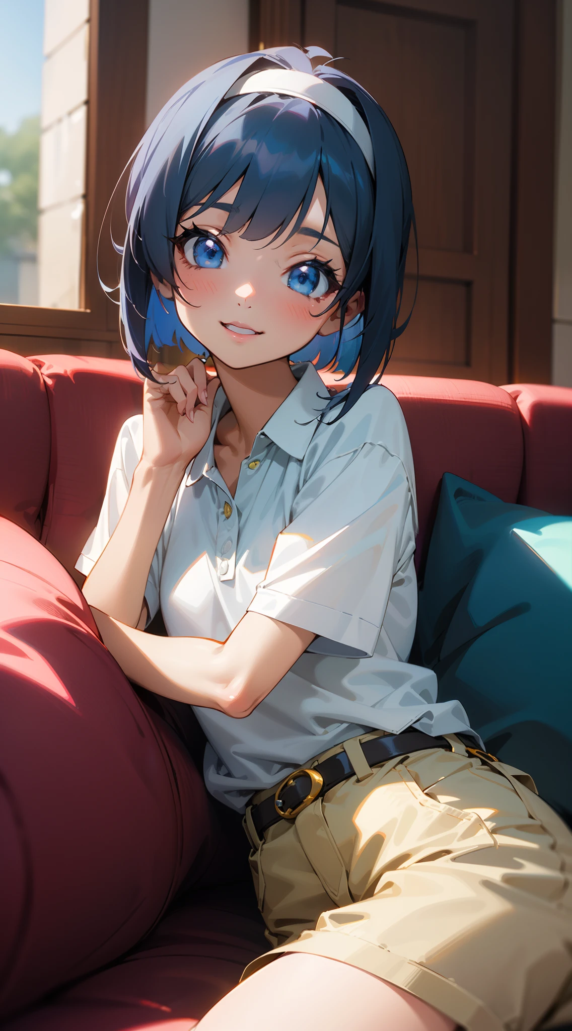 Anime girl in white polo shirt and white shorts sitting on sofa、Blue eyes、Laugh、Indigo hair、bob cuts、white hairband, Smooth Anime CG Art, anime moe art style, Seductive Anime Girl, small curvy ****, Cute anime girl, render of a cute 3d anime girl, photorealistic anime girl render, painted in anime painter studio, Anime visuals of cute girls, digital anime art!!