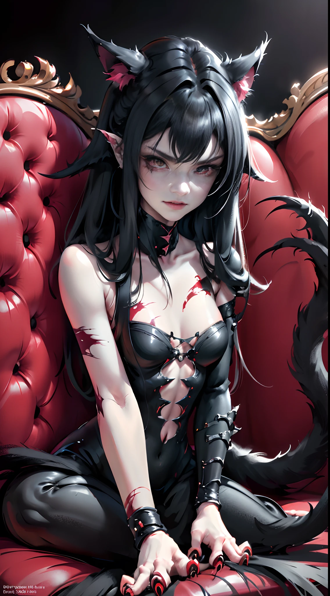 Fierce black cat，Dark red eyes，Extreme body detail close-up,White fangs,Sharp claws，Reclining on the sofa，blood-stained armor,The armor is tattered,Real scars，Full body like,Prepare for a raid