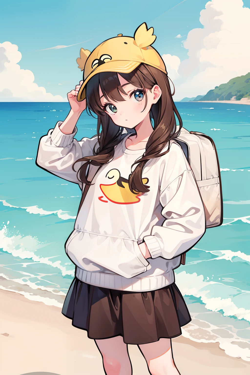 Girl who loves duck brown hair double low balls，Wore a duck hat，it's lovely，Cute illustration，beachside