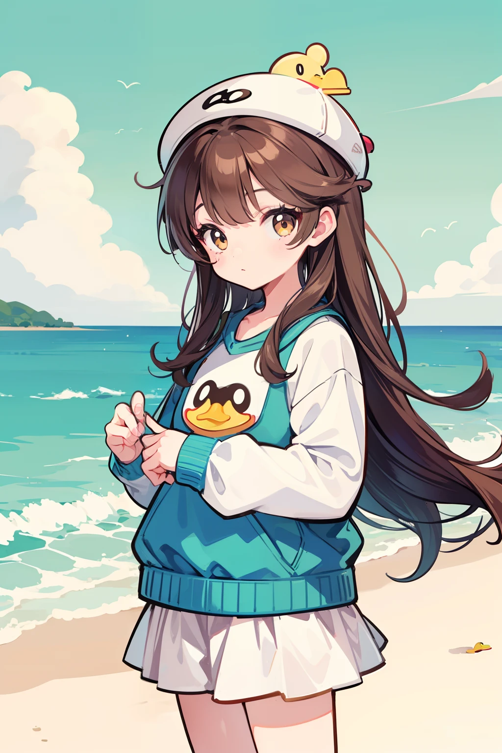 Girl who loves duck brown hair double low balls，Wore a duck hat，it's lovely，Cute illustration，beachside