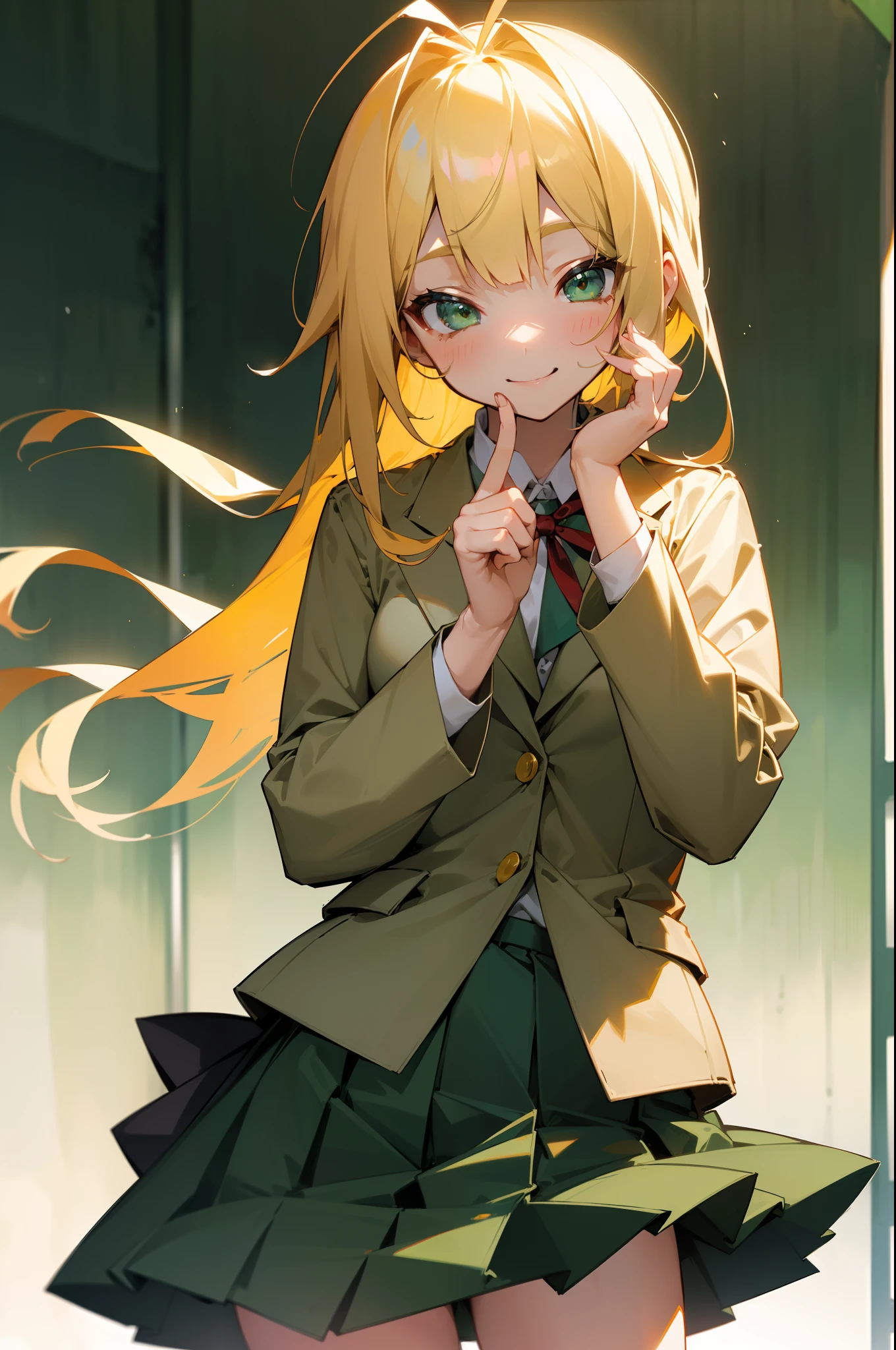 (1 High School Girl、独奏、String Maki、Happy smile、a blond、 Antenna Hair、Green eyes、Khaki Blazer School Uniform、skirt by the)、garage