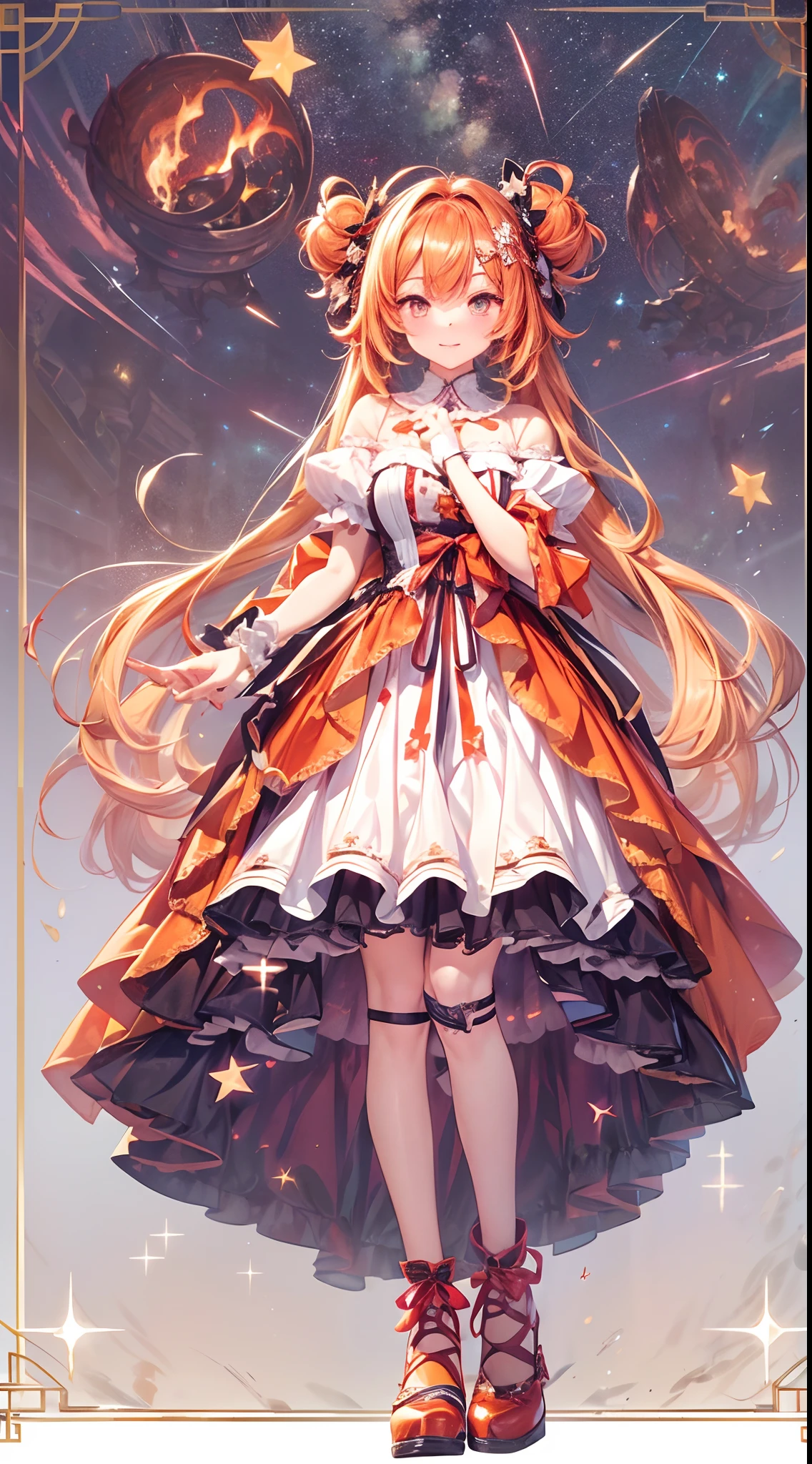 (fullbody, legs and shoes visible: 1.2)) expressive eyes, woman, pale skin, long hair, windblown hair, ((long hair)), long sidelocks, hime bangs, hair fringe, hair bun, ((long twintails)), flaming hair, red hair, blushing, full face blushing, big sparkling glowing red eyes, (gradient eyes), open mouth smile, cute pose,
flowy flaming dress, ((scarlet multicolored open dress)), (mist), orange ruffles, yellow frills, (light red lace), detached short sleeves, puffy skirt, ((fire and stars print skirt : 1.3)), ta skirt, dark red bows, ((pompon ribbons hair ornament : 1.4)), multiple bows, striped lace stockings, (heart shaped leg garter), cute (dark orange) shoes ((hyperdetailed clothing and fashion)) looking at you, vintage girl, blushing, (beautiful detailed eyes), (extremely detailed CG unity 8k wallpaper) (best shadow), ((an extremely delicate and beautiful)), (detailed light), ((depth of field)) big head, big sparkling eyes, moe, splash art, cinematic lighting, frontal view, volumetric lighting maximalist photo illustration 64k resolution high res intricately detailed complex key visual precise linear
((in the dark palace background, surrounded by expensive decor, shooting stars)) ((hyperdetailed scenery, foggy, darkness : 1.3))