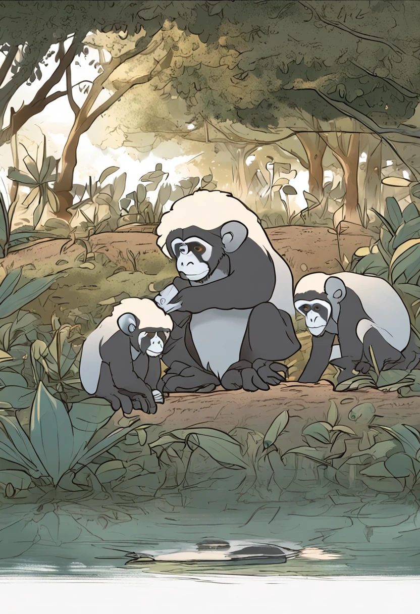 in the early morning,Children gathered around not far to watch the white-headed langurs come out for a walk,Draw a clock next to it,Show 6:30。