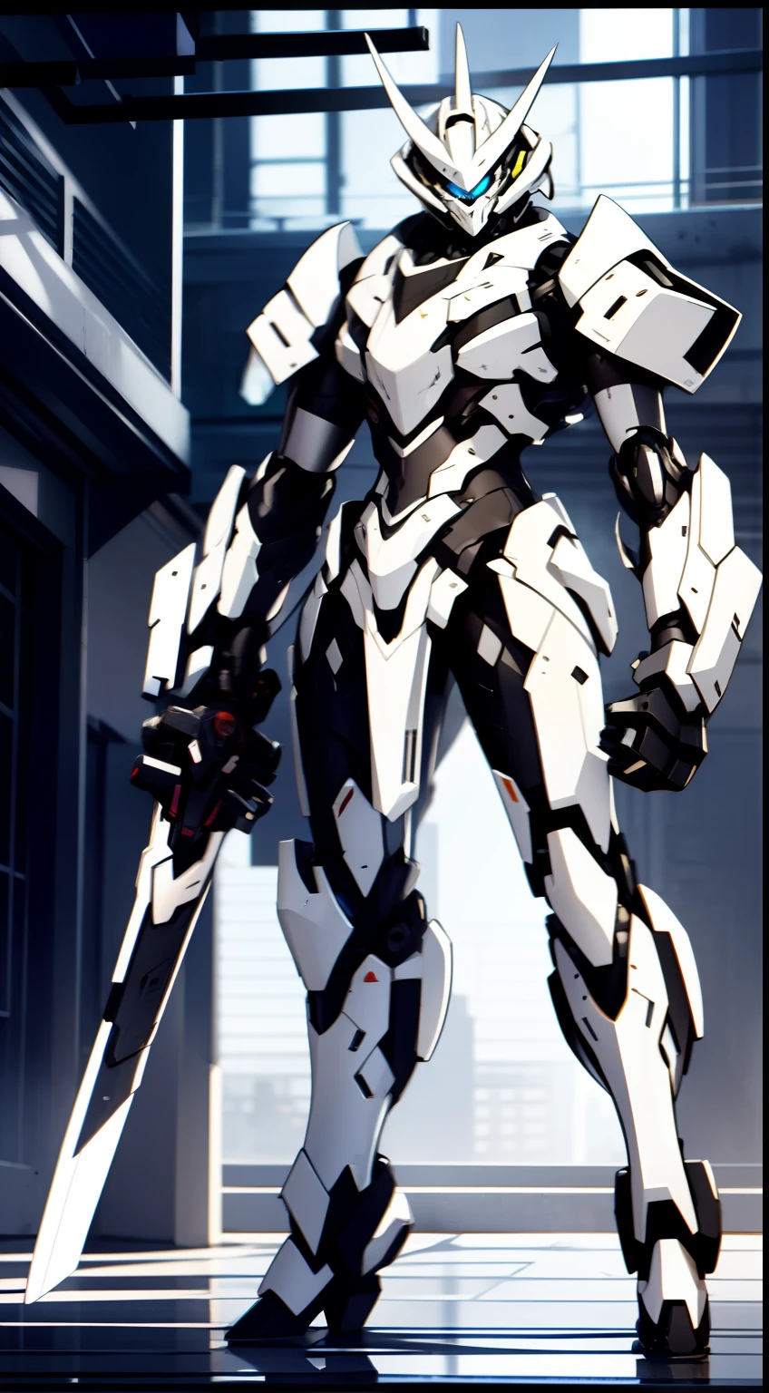 Inside the building,Pure white full-body mech,mecha-girl,White hair,Full body mecha,1.8 meters high,Laser sword in hand,power armour, High detail, Realistic graphics。