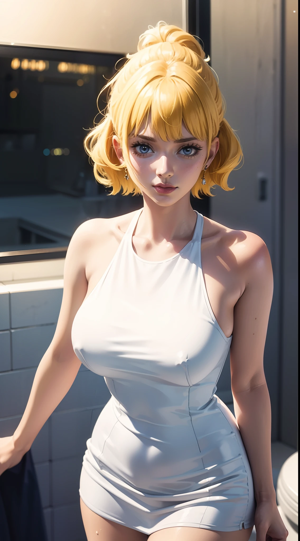 stussy from anime one piece, short hair, blonde hair, bangs, ponytails, mascara, perfect body, perfect boobs, beautiful woman, very beautiful, wearing white towels, in the bathroom, bathtub, beautiful bathroom, Realism , masterpiece, skin textured, super detailed, high detailed, high quality, best quality, 1080P, HD, 16k