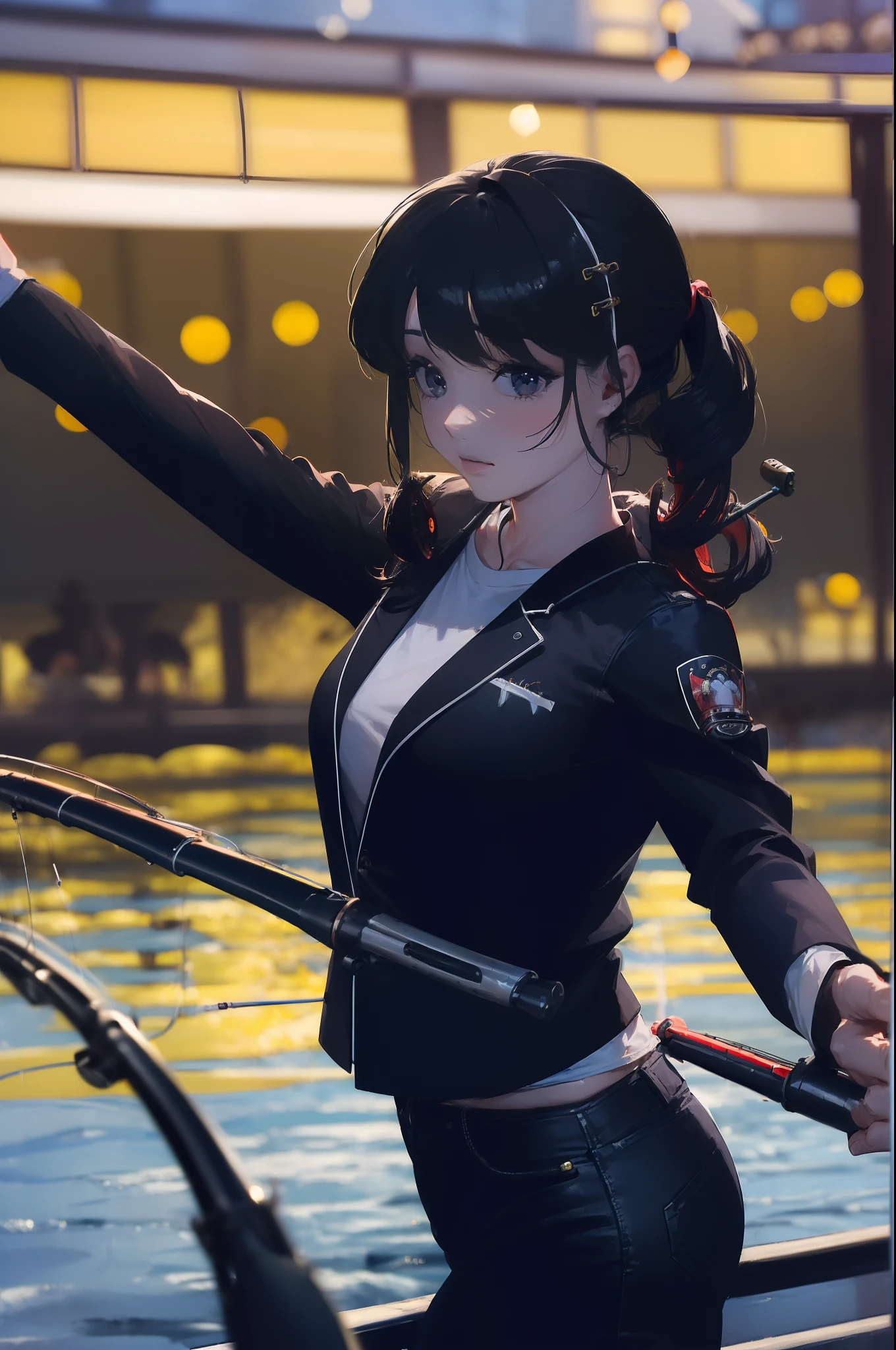 ((((having a fishing rod with a reel by the lakeside:1.5)))),((Female 28 years old)),((Best Quality:1.5)),(((Hands with the correct number and structure of fingers:1.4))),((Big fish:1.37)),hight resolution,ultra-detailliert,​masterpiece,best qualtiy,(Eight-headed body),Black hair, long eyes-lashes, Solid Circle Eyes, drop shadow, Atmospheric perspective,Super Detail, ccurate, small brest,(Black jacket and black jeans :1.1),top-quality, blurry backround, bokeh dof:1.2, (​masterpiece:1.3),  Atmospheric perspective,Super Detail,dynamic compositions,