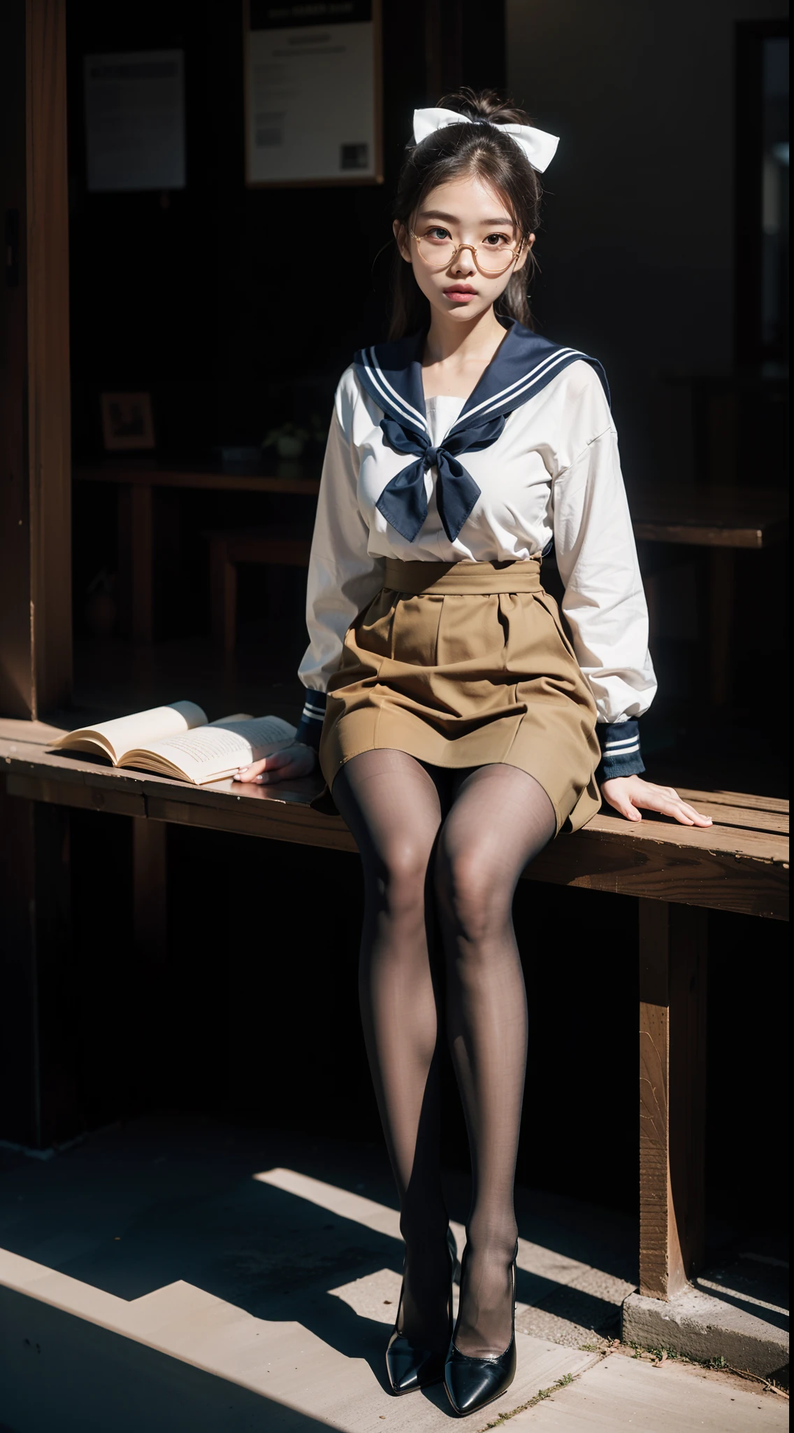 (full body:1.5)，(((1girl)):1.3),(view the viewer:1.4)，((anatomy correct):1.45),(Sitting on a turtle:1.2),(He wears large glasses and holds a book in his hand:1.15),(shy:1.15)，(transparent Sailor dress with ribbons:1.2),(Tan Pantyhose:1.3),( Uniform high heels leather shoes with bows for female students:1.1)，(Accurate and perfect face:1.3),hyper HD, Ray traching, reflective light， structurally correct, Award-Awarded, high detail, lighten shade contrast, Face lighting ，cinematic lighting, masterpiece, super detailing, high quality, high detail, best quality, 16k，High contrast,