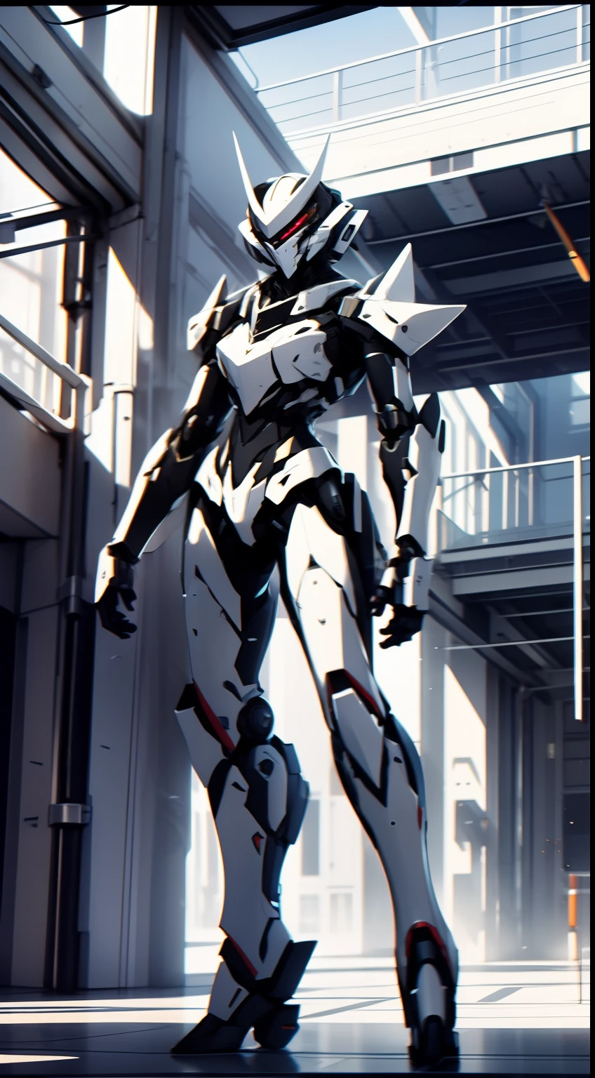 Inside the building，Pure white full-body mech，mecha-girl，White hair，Full body mecha，1.8 meters high，Laser sword in hand，power armour， High detail, Realistic graphics。