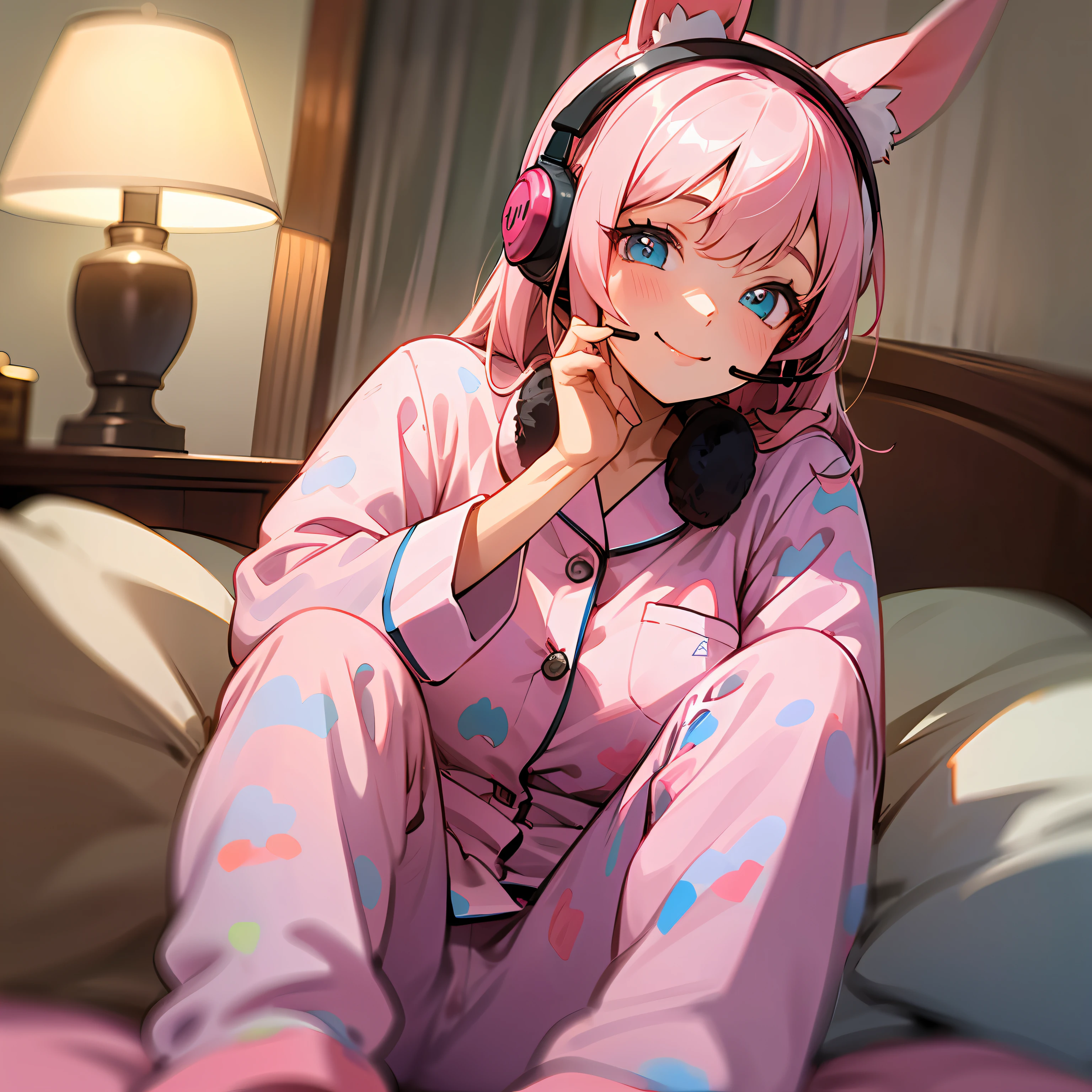 A super cute image captures a girl sitting on her bed, wearing plush pajamas. Her eyes sparkle with joy as she wears a large pink headset shaped like rabbit ears. Every detail is portrayed with realism, from the soft textures of the pajamas to the delicate details of the headset. The scene is like a cozy dream