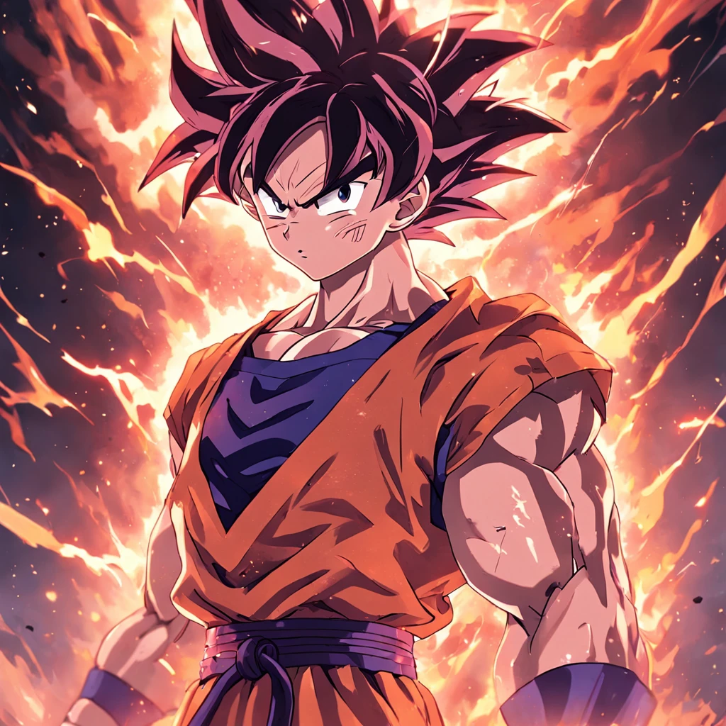 Image of a(Dragon Ball)(dragonball z)(son goku, Kakarot),Supergod,boxing gloves, Full fire, Flash attack, Meticulous expressions,Combat action,The dragon appears,Magnificent background, Powerful energy,Gorgeous special effects,shockwave,intense battles, Full of blood,Endless fighting spirit