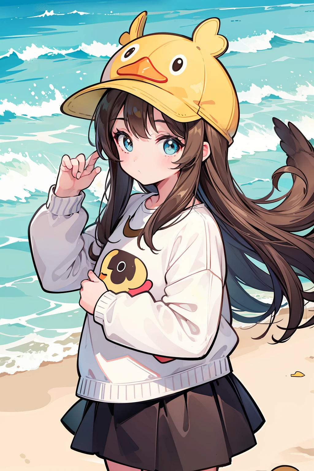 Girl who loves duck brown hair double low balls，Wore a duck hat，it's lovely，Cute illustration，beachside