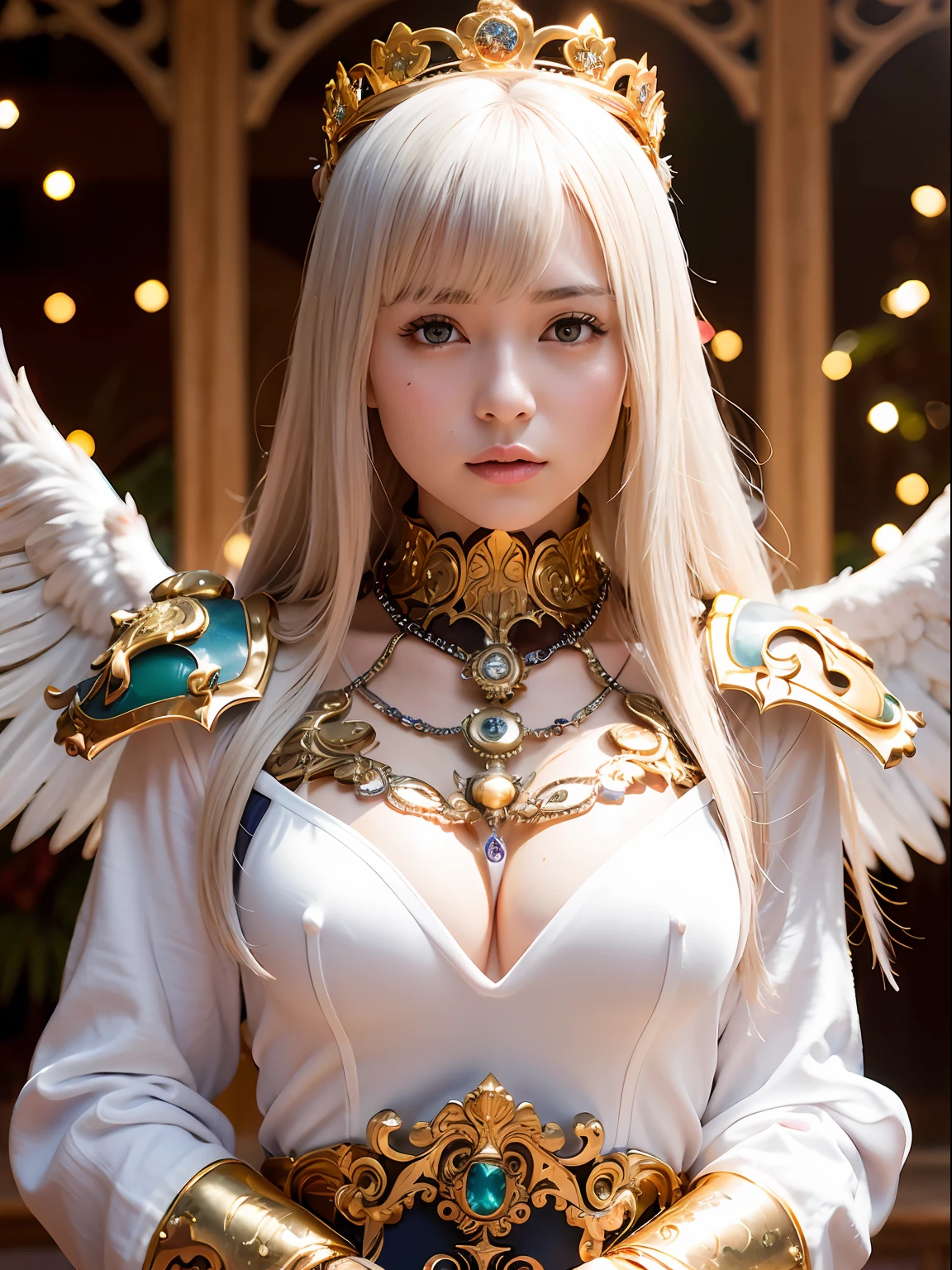 (masutepiece), Professional , masterpiece、top-quality、photos realistic , depth of fields (Gemstone White Metal Body:1.9),(Matte White、Jewel Gold Weapon(Jewel Metal Body:1.4),Gorgeous metal weapons ,(( Detailed and gorgeous sword of the brave)) , Beautiful knife ,warhammer 40k , adepta sororitas,Detail and ornate jewel crown、((Micro Bikini Armor))、((Gangle's forest background))、Beautiful Caucasian beauty、1a person、dynamic ungle,(((Detailed and ornate diamond crown)))、Smaller head、A smile、Background inside the castle、Thin and beautiful female hands、cleavage of the breast、Soldier in iron armor on background、Mystical expression、Light Effects、intense fighting、Wind-effect、magic circles、With the legendary magic wand、(wings of light)、Toostock、Anatomically correct body、