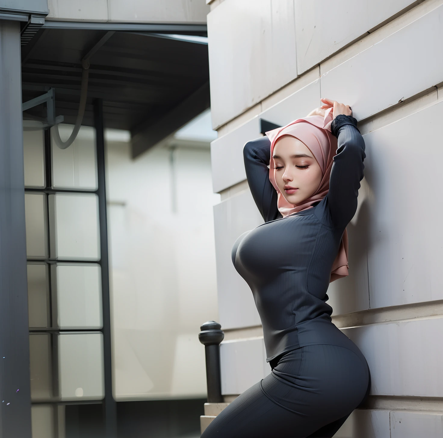 pretty hijab girl dressed silk red latex, busty, downblouse, busty, satin, satin pants black leather, leather pants