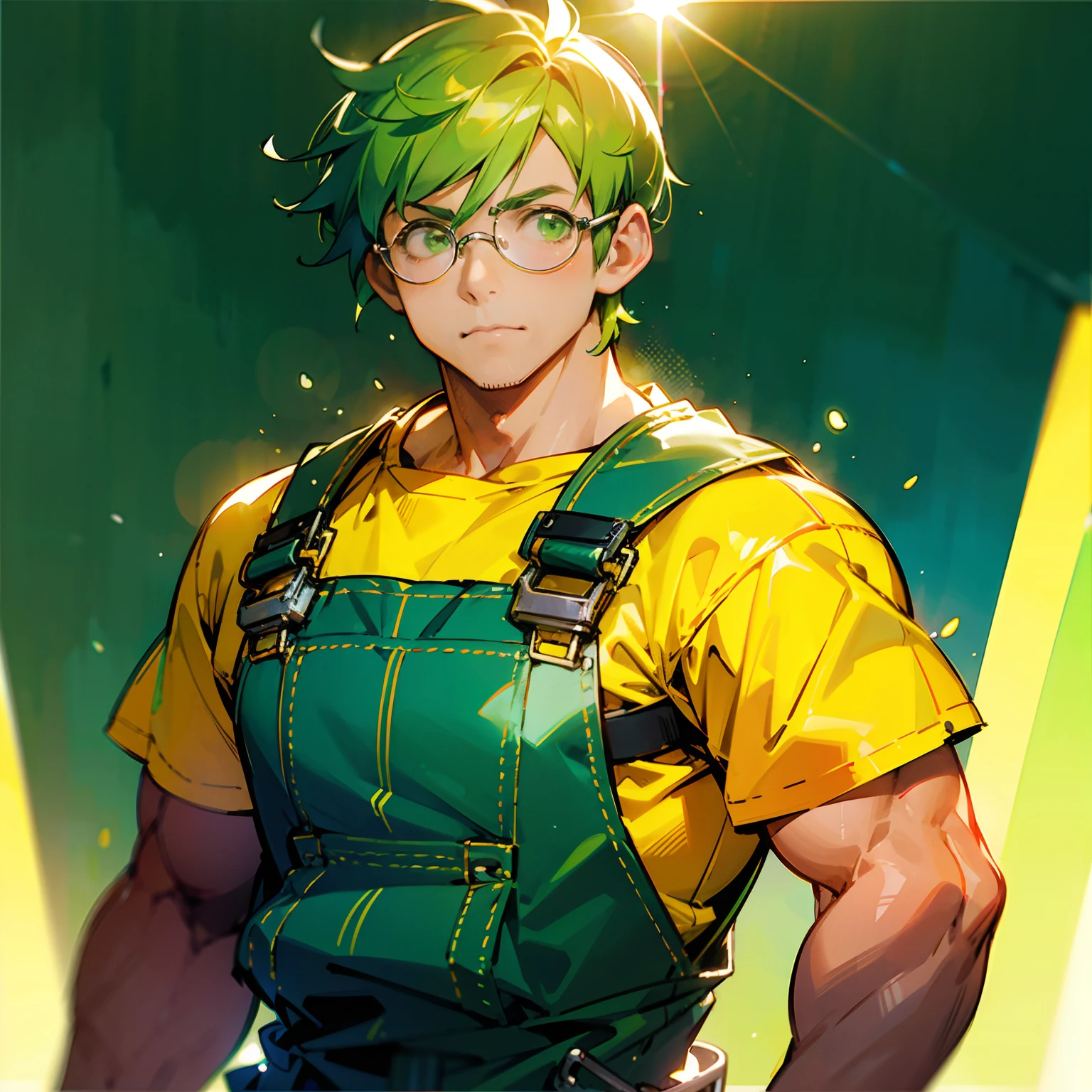 Fat green hair man with muscles、short-hair、Yellow mesh、wears glasses、Wearing overalls、Holding a spanner in your hand、softfocus、Colorful light gradient、watercolor paiting、lensflare、kirakira、Glow、Dreamy