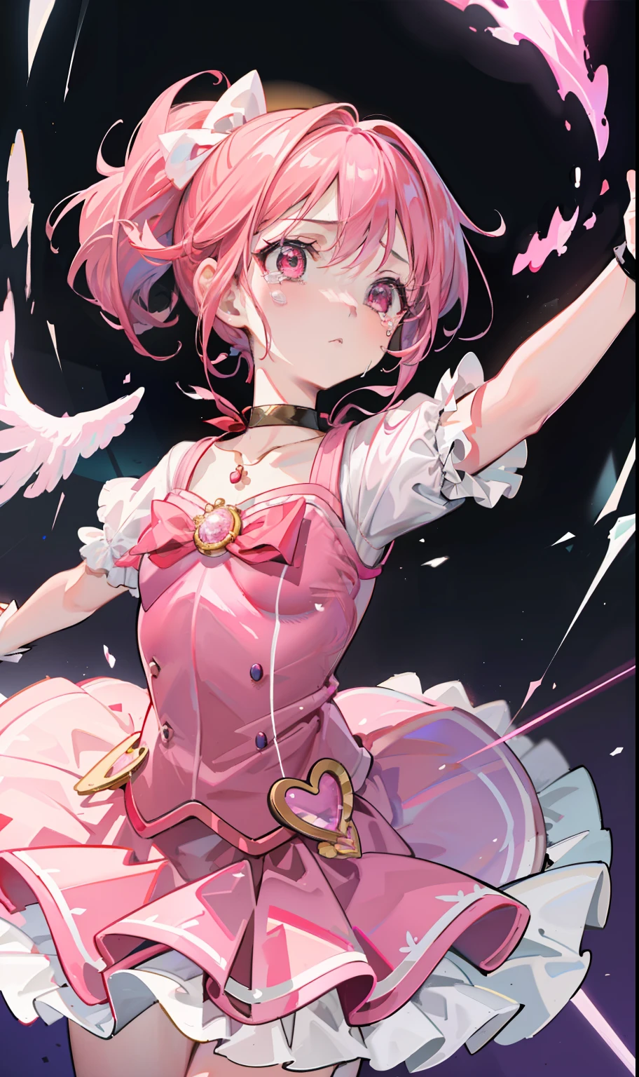 Masterpiece, best quality, 1girl, to be round, solo, pink hair, double ponytail, tears, pink eyes, gloves, magical girl, outstretched arms, collar, (kbxll: 0.6)