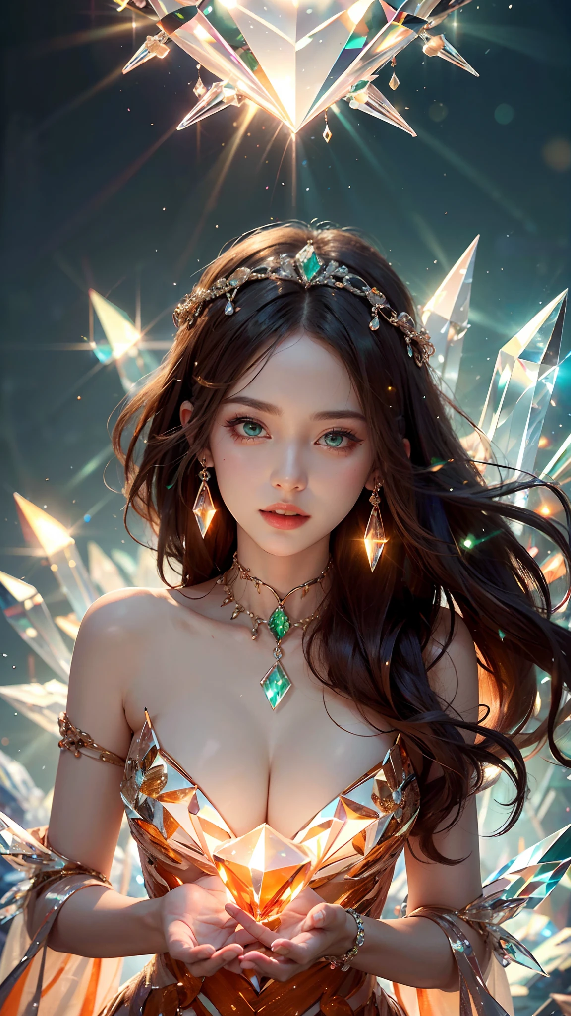 ultra hd, 8k quality, a girl, happy, very long hair, setailed eyes, glossy lips, green Crystalline dress, orange dress, orange crystals, reflecting lights on crystals, spreading orange lights, attractive pose, whole body capture,