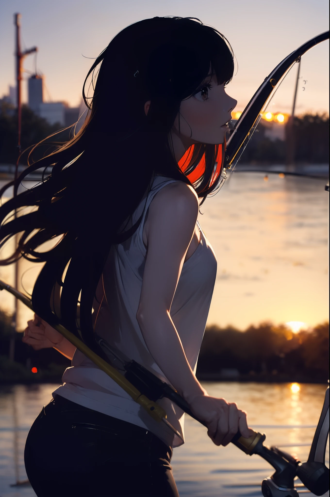 ((((having a fishing rod with a reel by the lakeside:1.5)))),((Female 28 years old)),((Best Quality:1.5)),(((Hands with the correct number and structure of fingers:1.4))),((Big fish:1.37)),hight resolution,ultra-detailliert,masterpiece,best qualtiy,(Eight-headed body),Black hair, long eyes-lashes, Solid Circle Eyes, drop shadow, Atmospheric perspective,Super Detail, ccurate, small brest,(Black jacket and black jeans :1.1),top-quality, blurry backround, bokeh dof:1.2, (masterpiece:1.3), Atmospheric perspective,Super Detail,dynamic compositions,