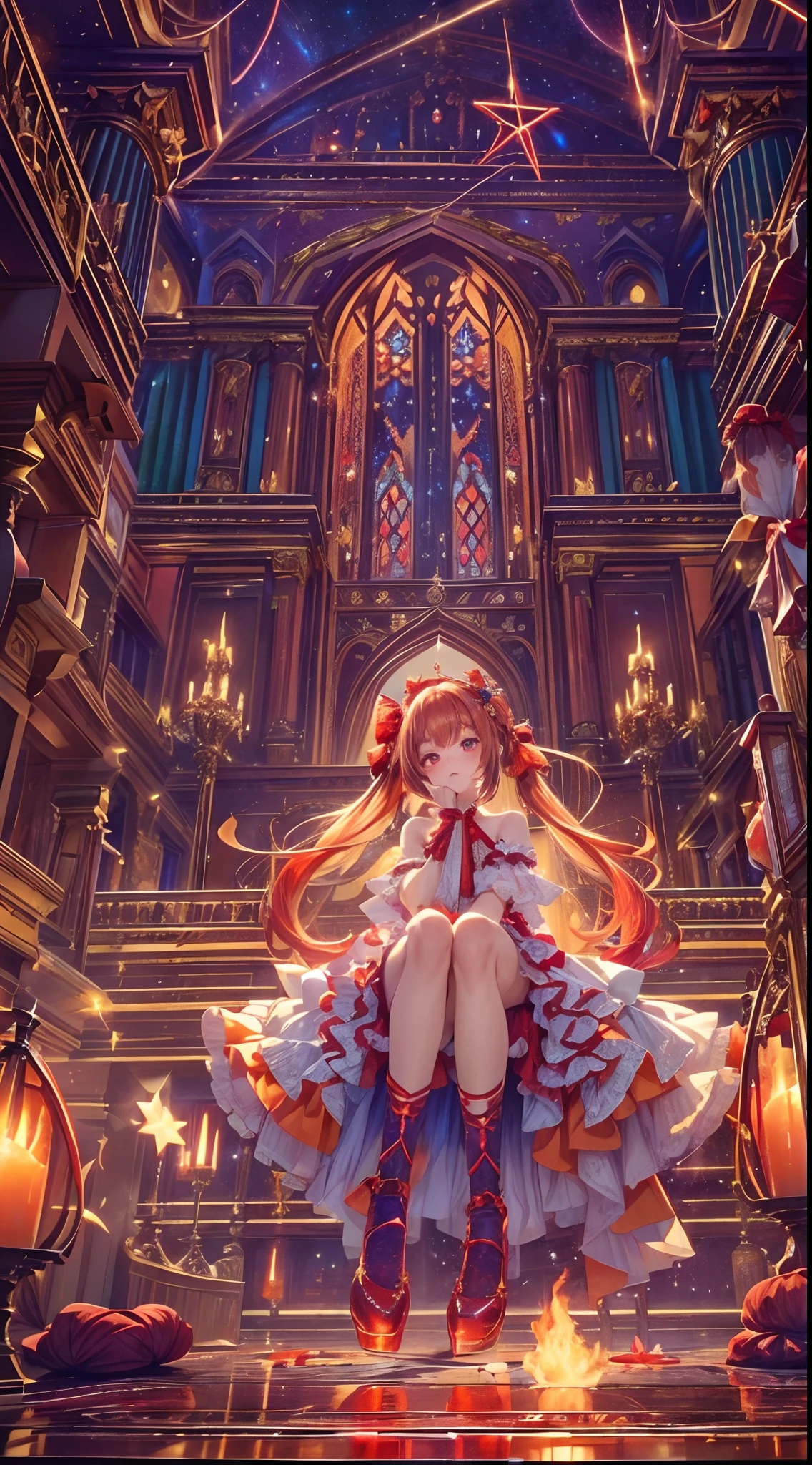 (fullbody, legs and shoes visible: 1.2)) expressive eyes, woman, pale skin, long hair, windblown hair, ((long hair)), long sidelocks, hime bangs, hair fringe, hair bun, ((long twintails)), flaming hair, red hair, blushing, full face blushing, big sparkling glowing red eyes, (gradient eyes), open mouth smile, cute pose,
flowy flaming dress, ((scarlet multicolored open dress)), (mist), orange ruffles, yellow frills, (light red lace), detached short sleeves, puffy skirt, ((fire and stars print skirt : 1.3)), ta skirt, dark red bows, ((pompon ribbons hair ornament : 1.4)), multiple bows, striped lace stockings, (heart shaped leg garter), cute (dark orange) shoes ((hyperdetailed clothing and fashion)) looking at you, vintage girl, blushing, (beautiful detailed eyes), (extremely detailed CG unity 8k wallpaper) (best shadow), ((an extremely delicate and beautiful)), (detailed light), ((depth of field)) big head, big sparkling eyes, moe, splash art, cinematic lighting, frontal view, volumetric lighting maximalist photo illustration 64k resolution high res intricately detailed complex key visual precise linear 
((in the dark palace background, surrounded by expensive decor, shooting stars)) ((hyperdetailed scenery, foggy, darkness : 1.3))