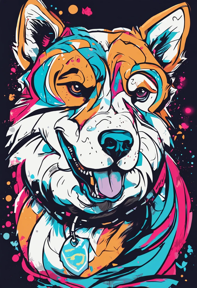 Vector t shirt art ready to print colorful graffiti illustration, design should be appealing according to current fashion trends Obra maestra, La mejor calidad, (CG 8k fondo de pantalla muy detallado), (La mejor calidad), (best illustration), (Las mejores sombras), Sprite brillante, Image from Japanese anime, un perro macho Akita inu reemplaza el pelaje por color azul, con la boca cerrada, en estilo detallado y delicado, flores, with vibrant lighting and realistic shadows, alta calidad, 8k