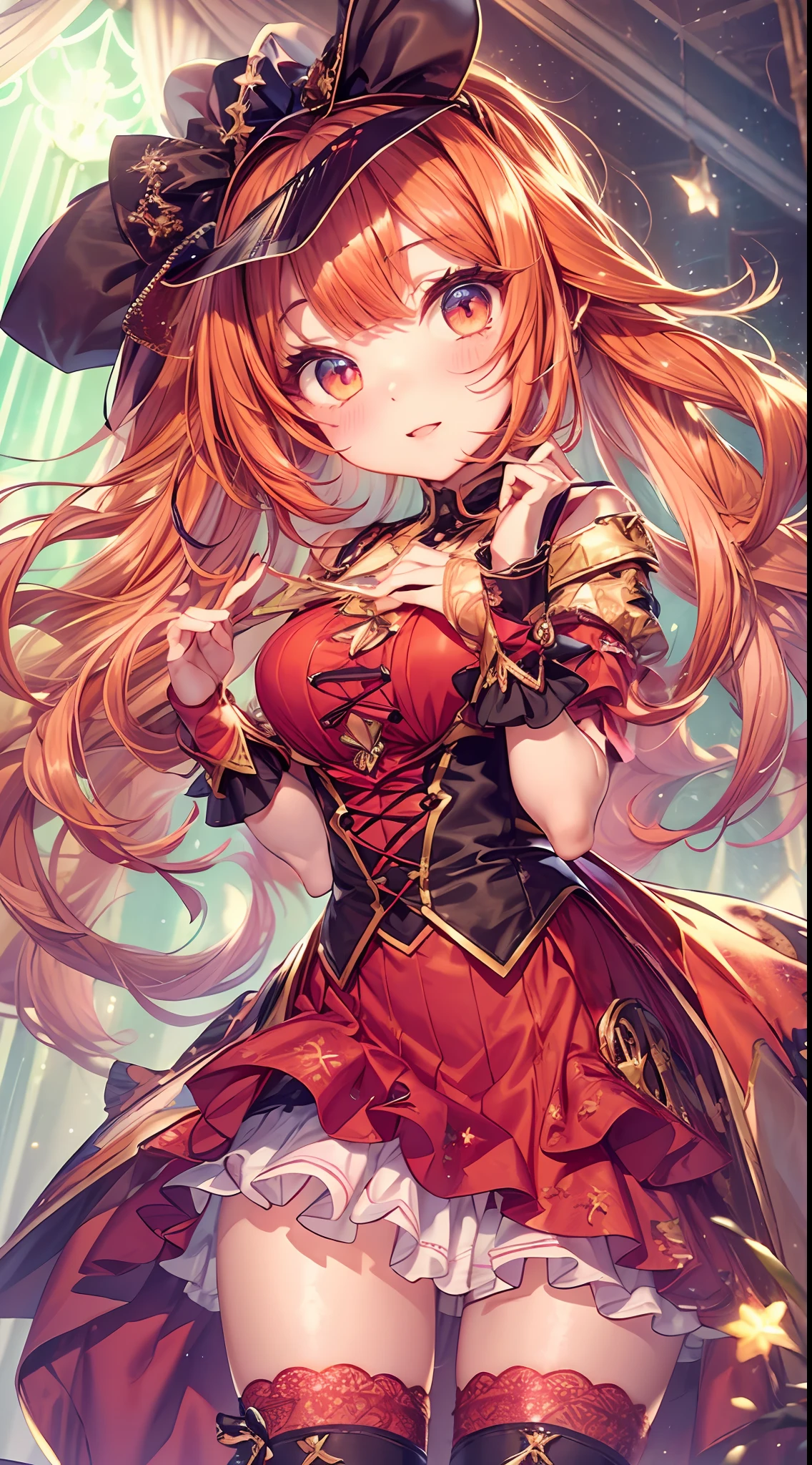 (fullbody, legs and shoes visible: 1.2)) expressive eyes, woman, pale skin, long hair, windblown hair, ((long hair)), long sidelocks, hime bangs, hair fringe, hair bun, ((long twintails)), flaming hair, red hair, blushing, full face blushing, big sparkling glowing red eyes, (gradient eyes), open mouth smile, cute pose,
flowy flaming dress, ((scarlet multicolored open dress)), (mist), orange ruffles, yellow frills, (light red lace), detached short sleeves, puffy skirt, ((fire and stars print skirt : 1.3)), lolita skirt, dark red bows, ((pompon ribbons hair ornament : 1.4)), multiple bows, striped lace stockings, (heart shaped leg garter), cute (dark orange) shoes ((hyperdetailed clothing and fashion)) looking at you, vintage girl, blushing, (beautiful detailed eyes), (extremely detailed CG unity 8k wallpaper) (best shadow), ((an extremely delicate and beautiful)), (detailed light), ((depth of field)) big head, big sparkling eyes, moe, splash art, cinematic lighting, frontal view, volumetric lighting maximalist photo illustration 64k resolution high res intricately detailed complex key visual precise linear 
((in the dark palace background, surrounded by expensive decor, shooting stars)) ((hyperdetailed scenery, foggy, darkness : 1.3))