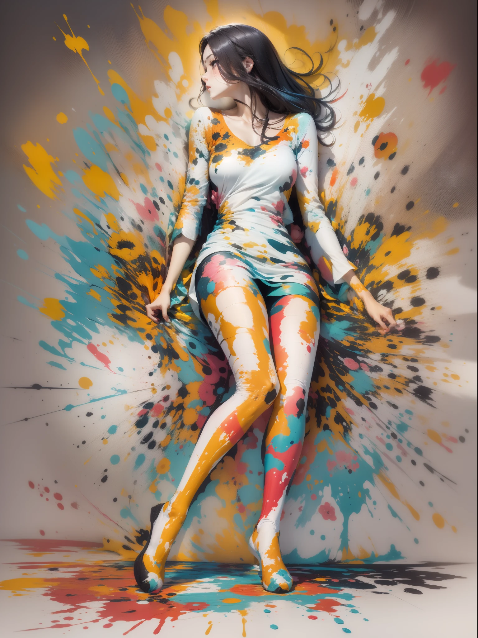 vectorial art, Color illustration with graffiti white rose, are in the center, Bright colors, Paint splashes and stains, High detail, white backgrounid，1womanl，slender leg，Spread your legs apart，The blouse is open，Clear face，（（（Bigchest））），