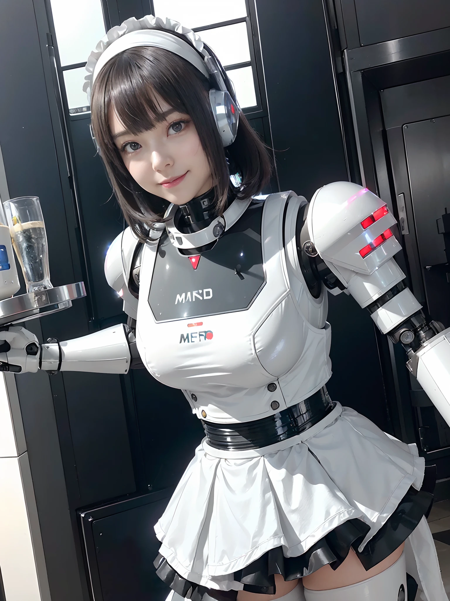 Girl in futuristic white shiny heavy armored robot suit takes photo、perfect android girl, gynoid cyborg body, Perfect Anime Cyborg Woman, Beautiful Female Android!, Female robot, fully robotic!! girl, Cute cyborg girl, cybersuit, Girl in Mecha Cyber Armor, cybersuit, beutiful white girl cyborg, Beautiful Female Android, Beautiful girl cyborg、Cute robot girl with short bob hair、Gravure Model Android Beautiful Girl、(((Cheerful smile)))、((Rounded white massive chest armor))、(((Long sensor antennas in both ears)))、(((Robot Girl)))、(((Beautiful Girls Android)))、(((Girl in heavy armored maid outfit)))、(((White heavy armored robot girl in maid clothes)))、(((White heavy armored robot beautiful girl in miniskirt and maid clothes)))、(((Beautiful girl in white heavy armored maid robot)))、(((Cyborg Maid Beautiful Girl)))、(((Robot beautiful girl wearing white shiny heavy armored maid clothes)))、(((waiters)))、(((serving)))
