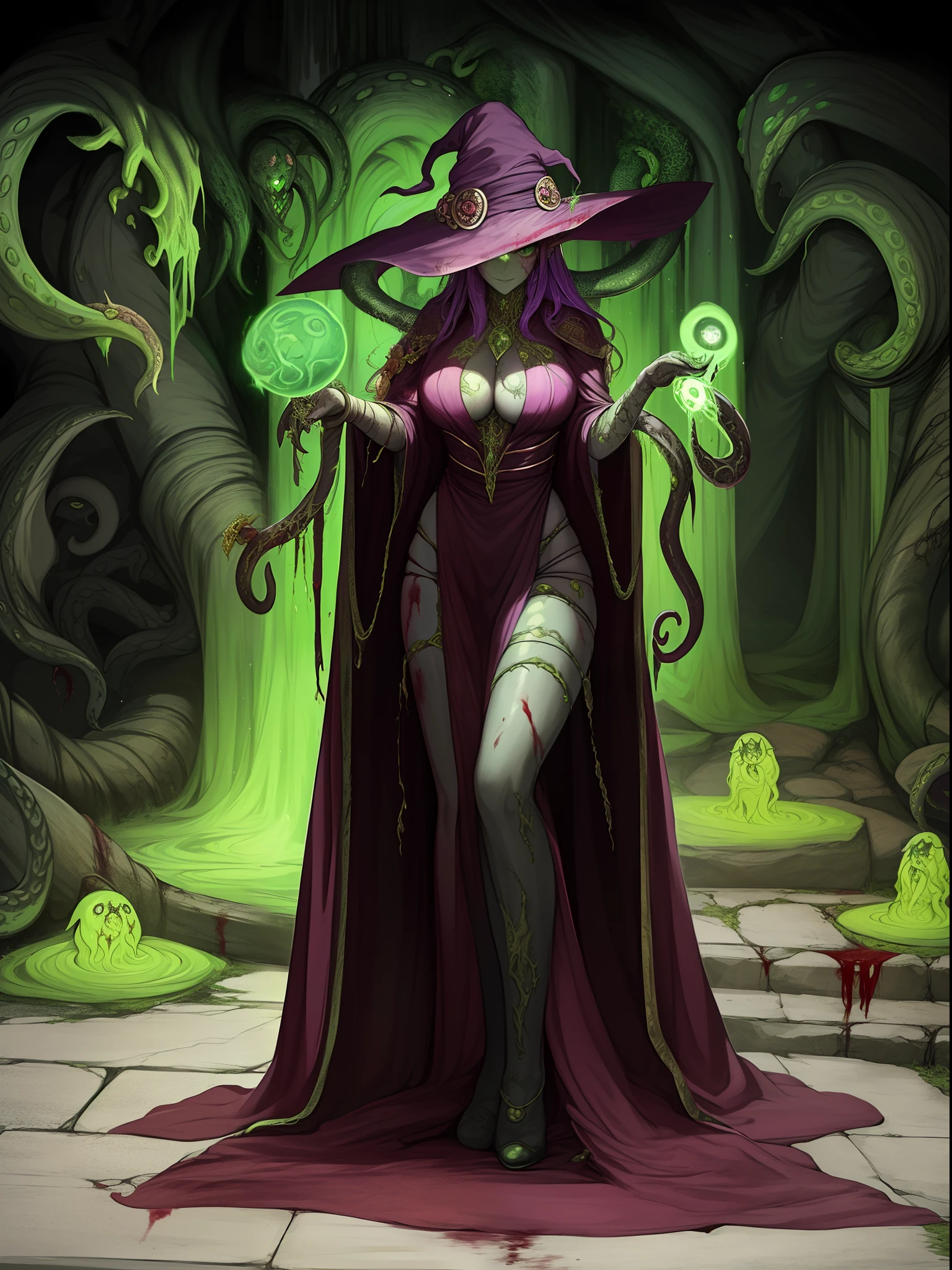 Cthulhu,Monster,sorceress woman,Sacrifice,Ancient rituals,sacrifice,flesh and blood,(Blood covered the earth:1.35),(Spooky stone steps:1.15),Mossy land,(Hideous twisted tentacles:1.25),Thorns spread,(Witch sacrifice ceremony:1.35)