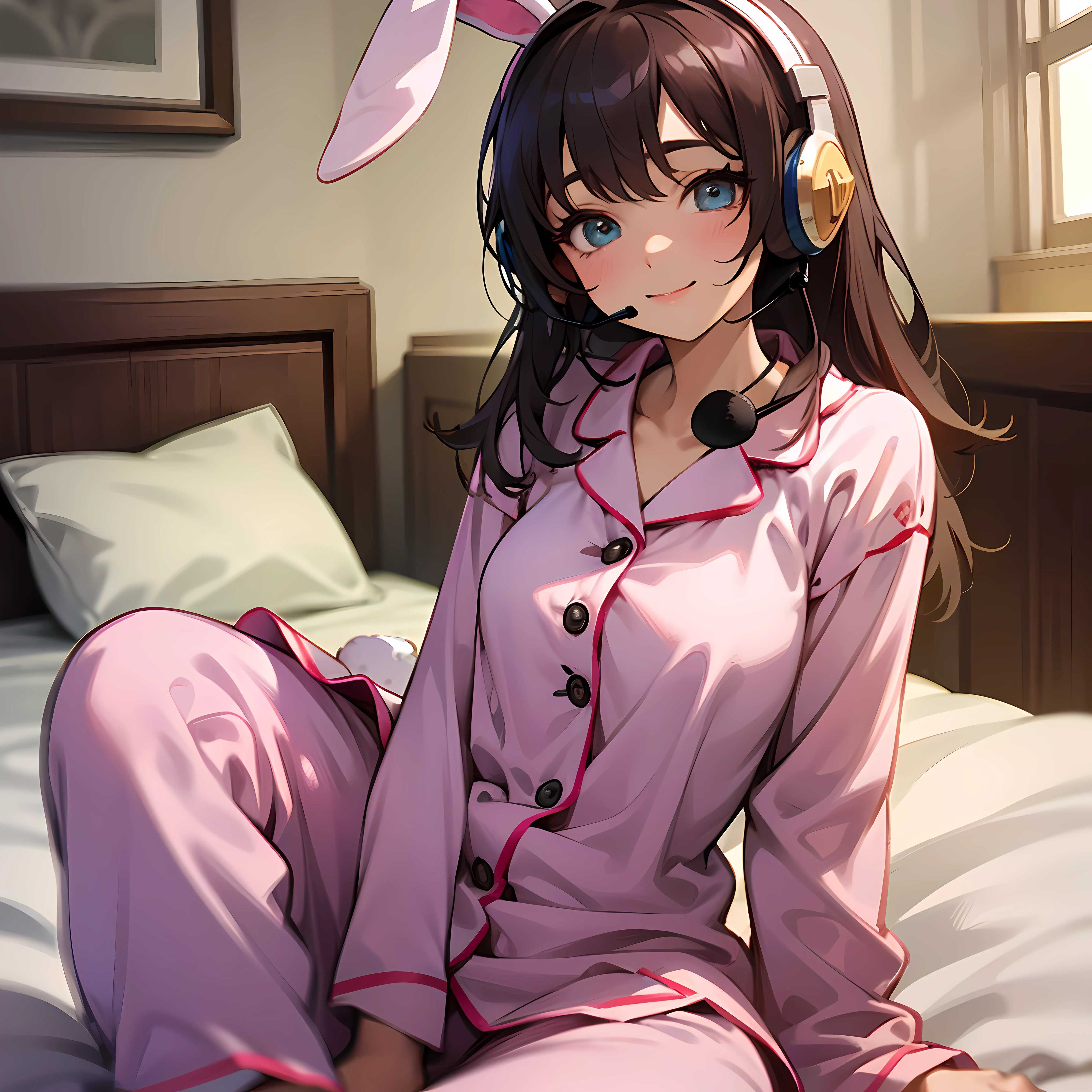 A super cute image captures a girl sitting on her bed, wearing plush pajamas. Her eyes sparkle with joy as she wears a large pink headset shaped like rabbit ears. Every detail is portrayed with realism, from the soft textures of the pajamas to the delicate details of the headset. The scene is like a cozy dream