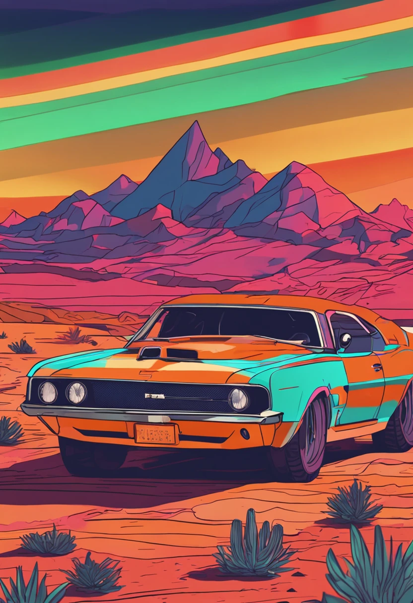 A fast car in a desert landscape，mountain ranges，during night，rainbow
lamp，Wes Anderson style，precisionism，Minimalist