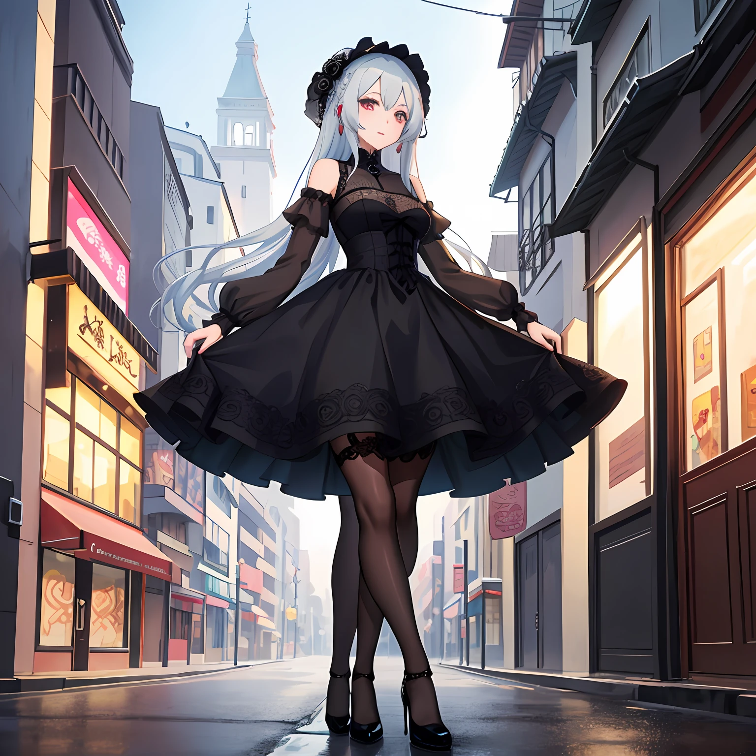 A woman in a dress stands in the street, Guviz-style artwork, Anime girl wearing black dress, Guviz, gothic maiden anime girl, Guweiz on ArtStation Pixiv, Guweiz in Pixiv ArtStation, cute anime waifu in a nice dress, guweiz masterpiece,Lace design