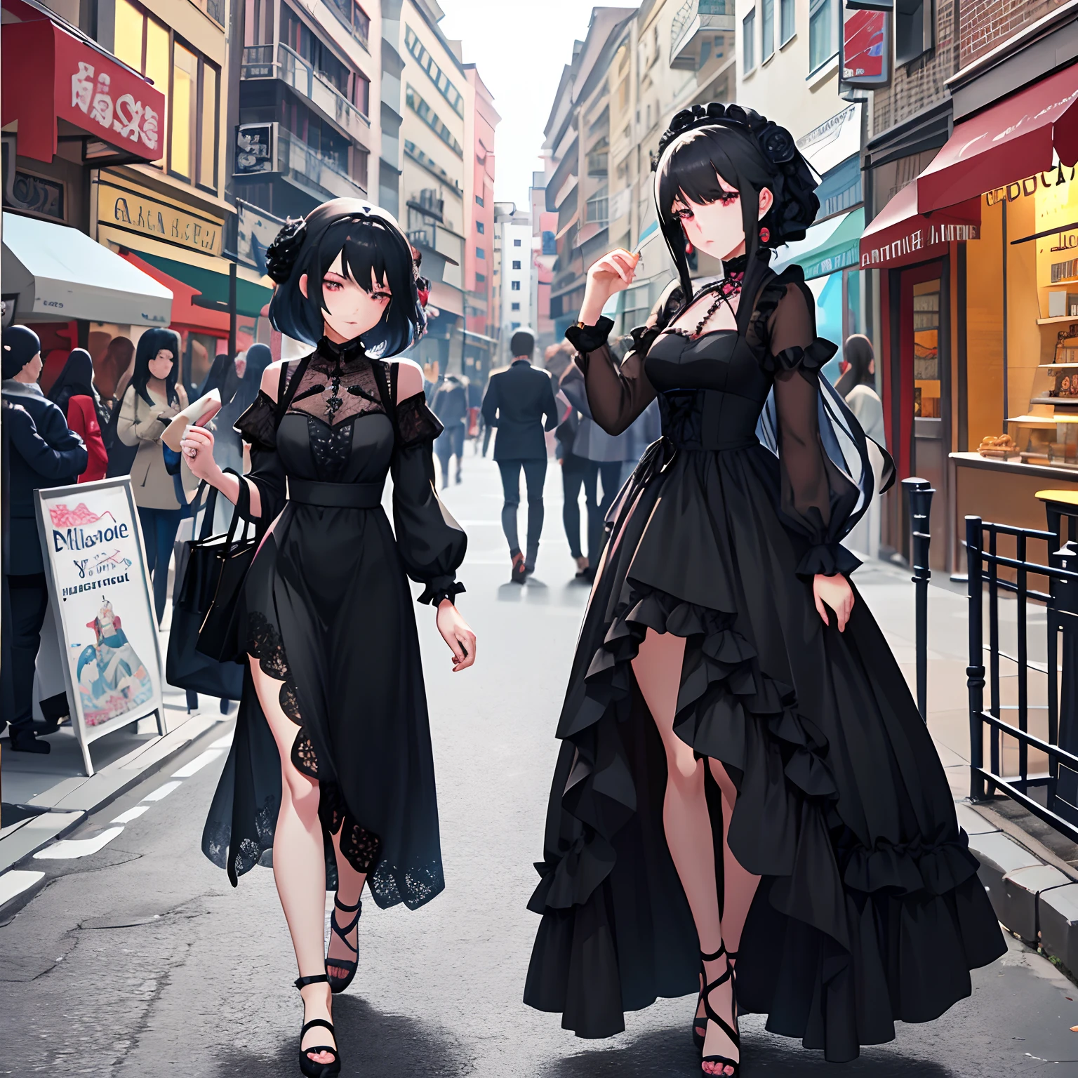 A woman in a dress stands in the street, Guviz-style artwork, Anime girl wearing black dress, Guviz, gothic maiden anime girl, Guweiz on ArtStation Pixiv, Guweiz in Pixiv ArtStation, cute anime waifu in a nice dress, guweiz masterpiece,Lace design