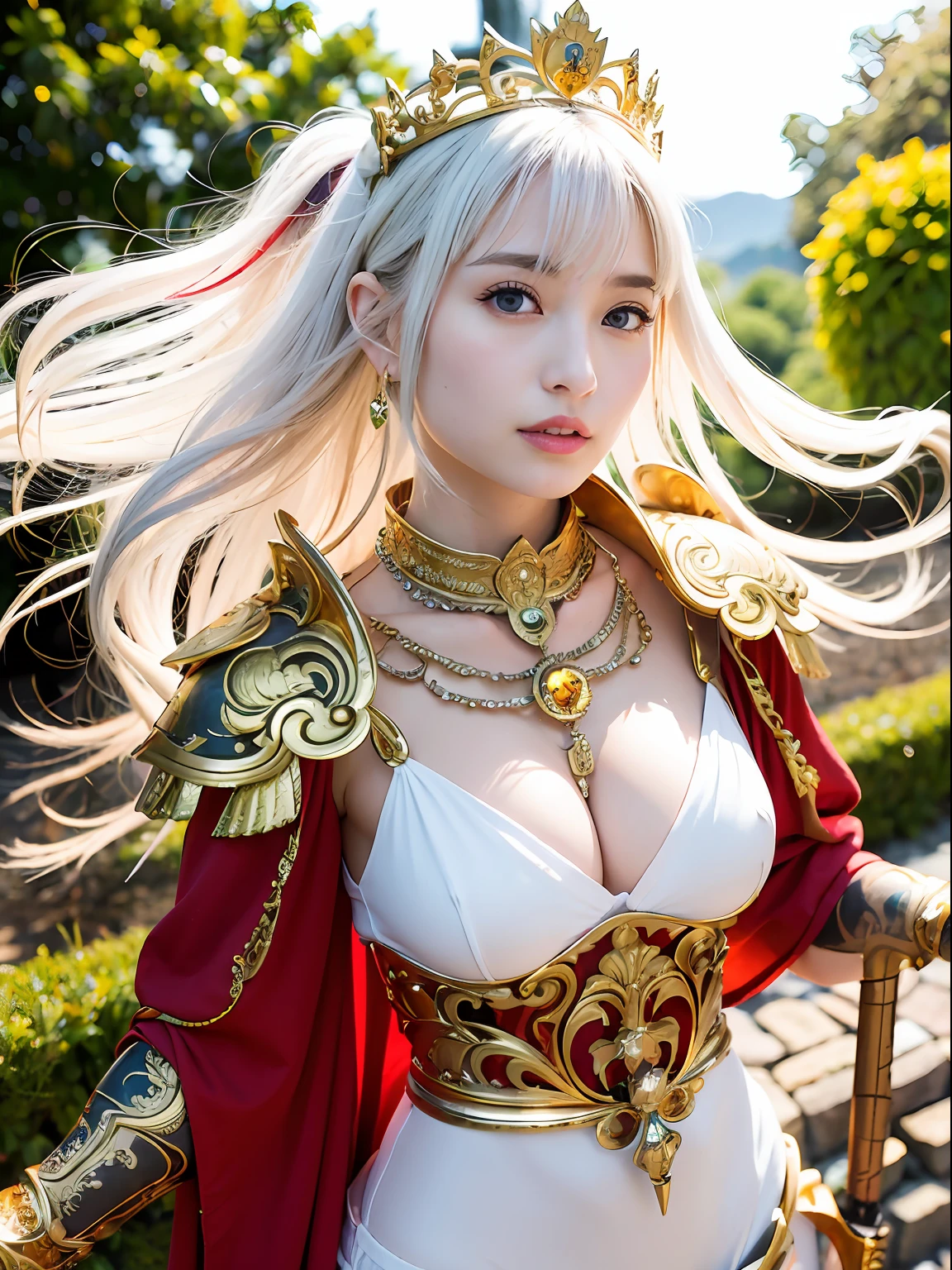 (masutepiece), Professional , ​masterpiece、top-quality、photos realistic , depth of fields （Gemstone White Metal Body:1.９),(Matte White、Jewel Gold Weapon（Jewel Metal Body:1.４),Gorgeous metal weapons ,（（ Detailed and gorgeous sword of the brave）） , Beautiful knife   ,warhammer 40k , adepta sororitas,Detail and ornate jewel crown、（（Micro Bikini Armor））、（（Gangle's forest background））、Beautiful Caucasian beauty、１a person、dynamic ungle,(((Detailed and ornate diamond crown)))、Smaller head、A smile、Background inside the castle、Thin and beautiful female hands、cleavage of the breast、Soldier in iron armor on background、Mystical expression、Light Effects、intense fighting、Wind-effect、magic circles、With the legendary magic wand、（wings of light）、Toostock、Anatomically correct body、