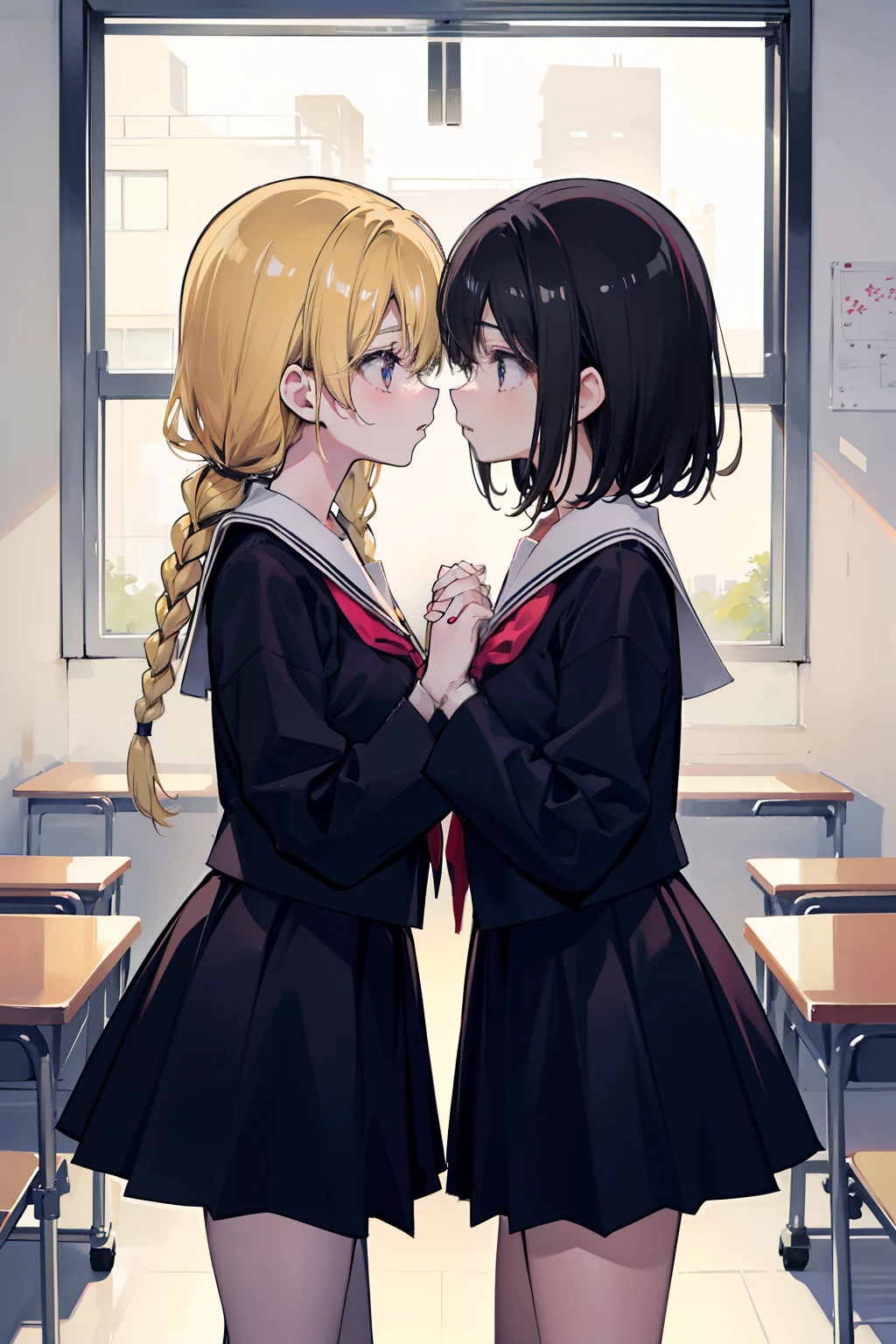 Two teenage girls，Equal stature，校服，Black hair and blonde hair，Hold each other，The two bodies are close together，Hot kisses，in class room