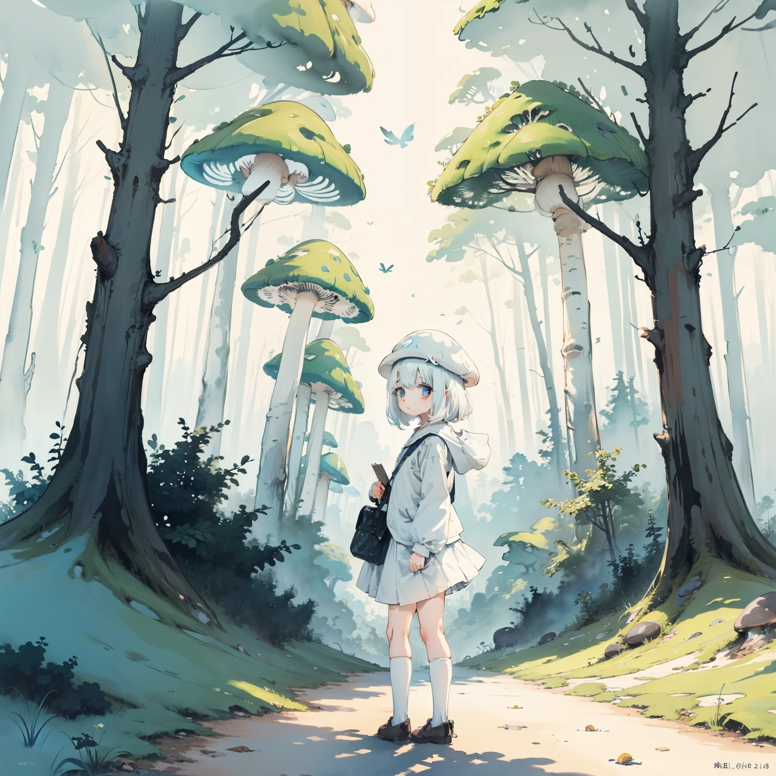 An exploration of the kingdom of psychedelic and dreamlike mushroom forests，Watercolor illustration, Perfect anatomy, Masterpiece, Best quality, 1girll, li,elSolo, (with short white hair:1.2),，Nature, landscape