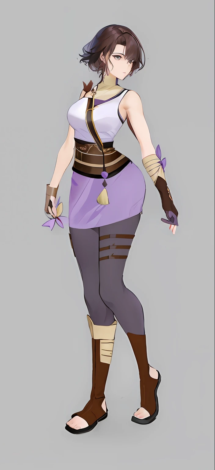 A woman in a purple dress and brown boots,short detailed hair,quadratic element,Woman,Chinese style clothes,
