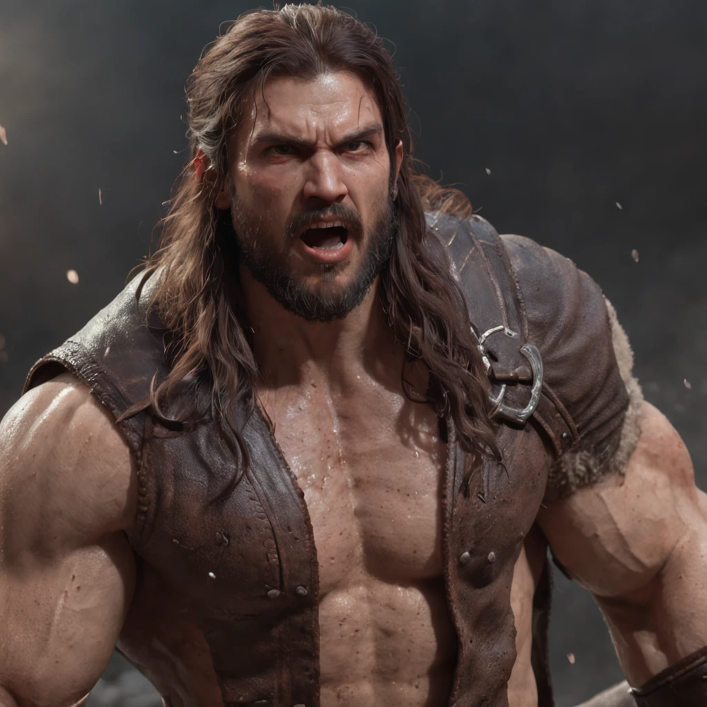 (professional 3d render:1.3) af (Realistic:1.3) most beautiful artwork photo in the world,Features soft and shiny male heroes, ((Epic hero fantasy muscle man rough wet hero angry looking long hair short beard and ferocious expression in dynamic pose, Fantastic location, Majestic cluttered environment)), Full body 8K unified rendering, action shot, skin pore, very dark lighting, heavyshading, Detailed, Detailed face, (vibrant, photograph realistic, Realistic, Dramatic, Dark, Sharp focus, 8K), (Old leather garments damaged by weathering:1.4), ((((Wear fur)))), (Intricate:1.4), decadent, (Highly detailed:1.4), Digital painting, rendering by octane, art stations, concept-art, smooth, Sharp focus, illustration, Art germ, (loish:0.23), wlop ilya kuvshinov, and greg rutkowski and alphonse mucha gracias, (Global illumination, Studio light, volumettic light), heavy rain, particles floating, lotr, fantasy, elf, full bodyesbian, ((Dark and ancient city background:1.3)),CGSesociety,art stations