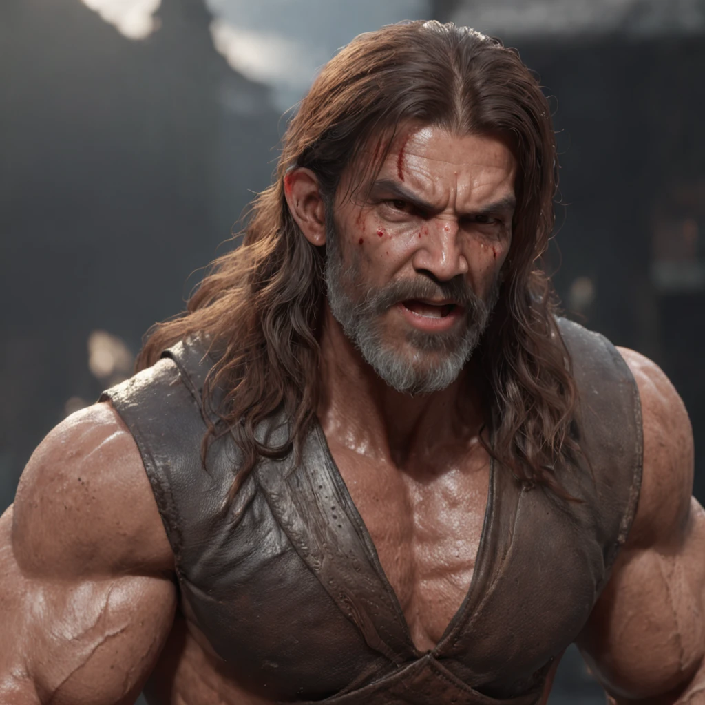 (professional 3d render:1.3) af (Realistic:1.3) most beautiful artwork photo in the world,Features soft and shiny male heroes, ((Epic hero fantasy muscle man rough wet hero angry looking long hair short beard and ferocious expression in dynamic pose, Fantastic location, Majestic cluttered environment)), Full body 8K unified rendering, action shot, skin pore, very dark lighting, heavyshading, Detailed, Detailed face, (vibrant, photograph realistic, Realistic, Dramatic, Dark, Sharp focus, 8K), (Old leather garments damaged by weathering:1.4), ((((Wear fur)))), (Intricate:1.4), decadent, (Highly detailed:1.4), Digital painting, rendering by octane, art stations, concept-art, smooth, Sharp focus, illustration, Art germ, (loish:0.23), wlop ilya kuvshinov, and greg rutkowski and alphonse mucha gracias, (Global illumination, Studio light, volumettic light), heavy rain, particles floating, lotr, fantasy, elf, full bodyesbian, ((Dark and ancient city background:1.3)),CGSesociety,art stations